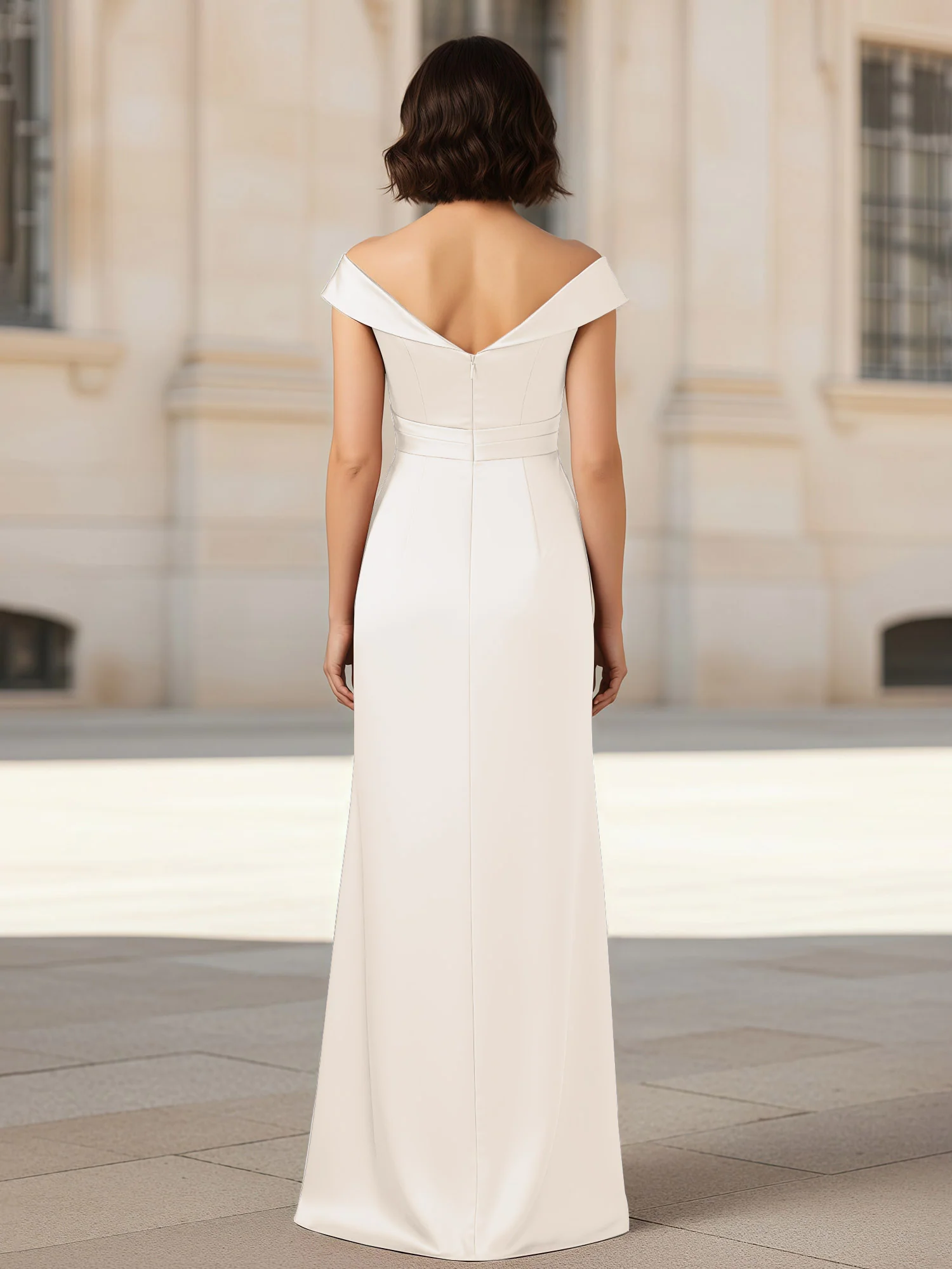 Pleated V-neck Stretch Satin Bodycon Dress Ivory - Image 2