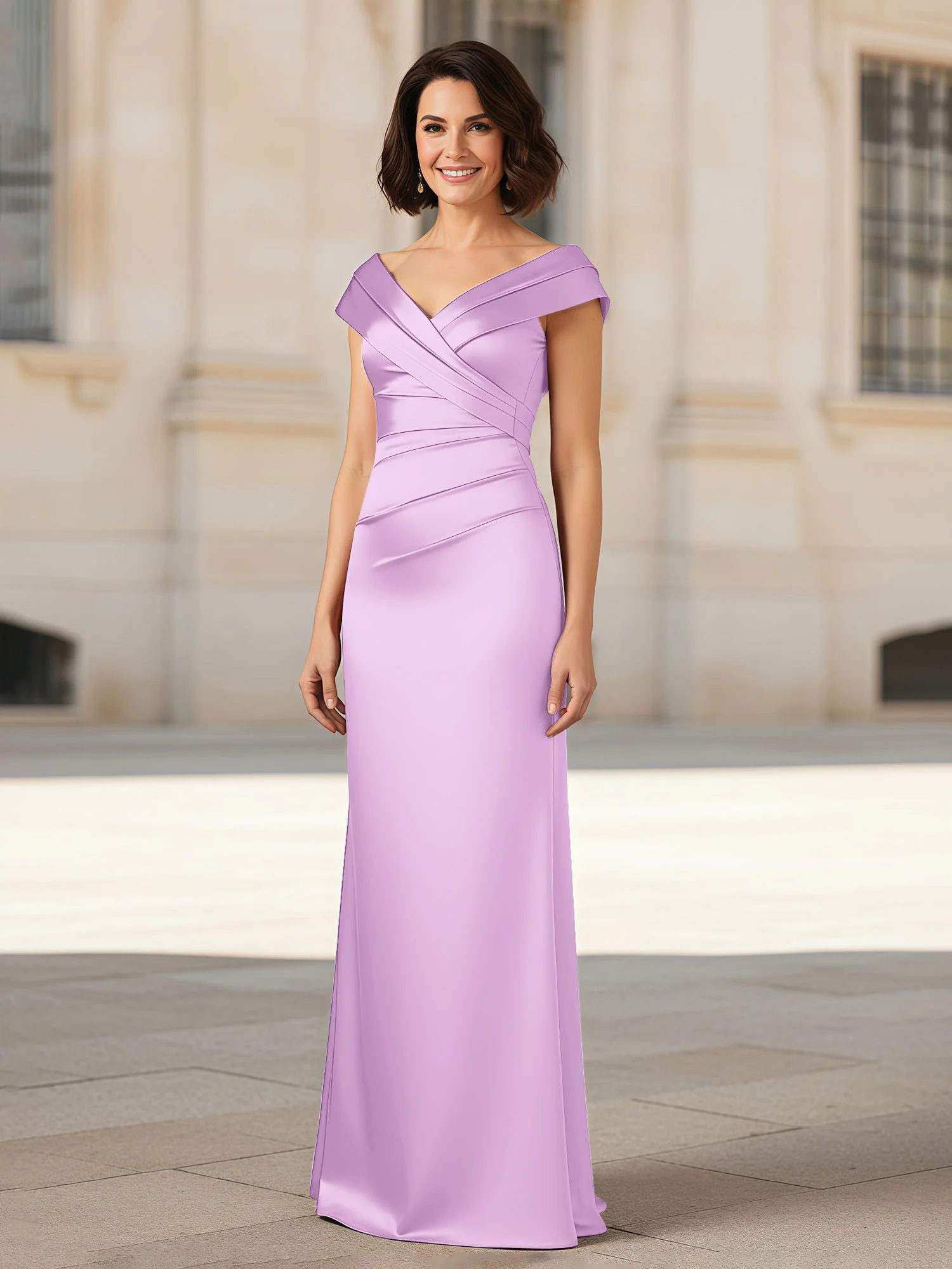 Pleated V-neck Stretch Satin Bodycon Dress Lilac