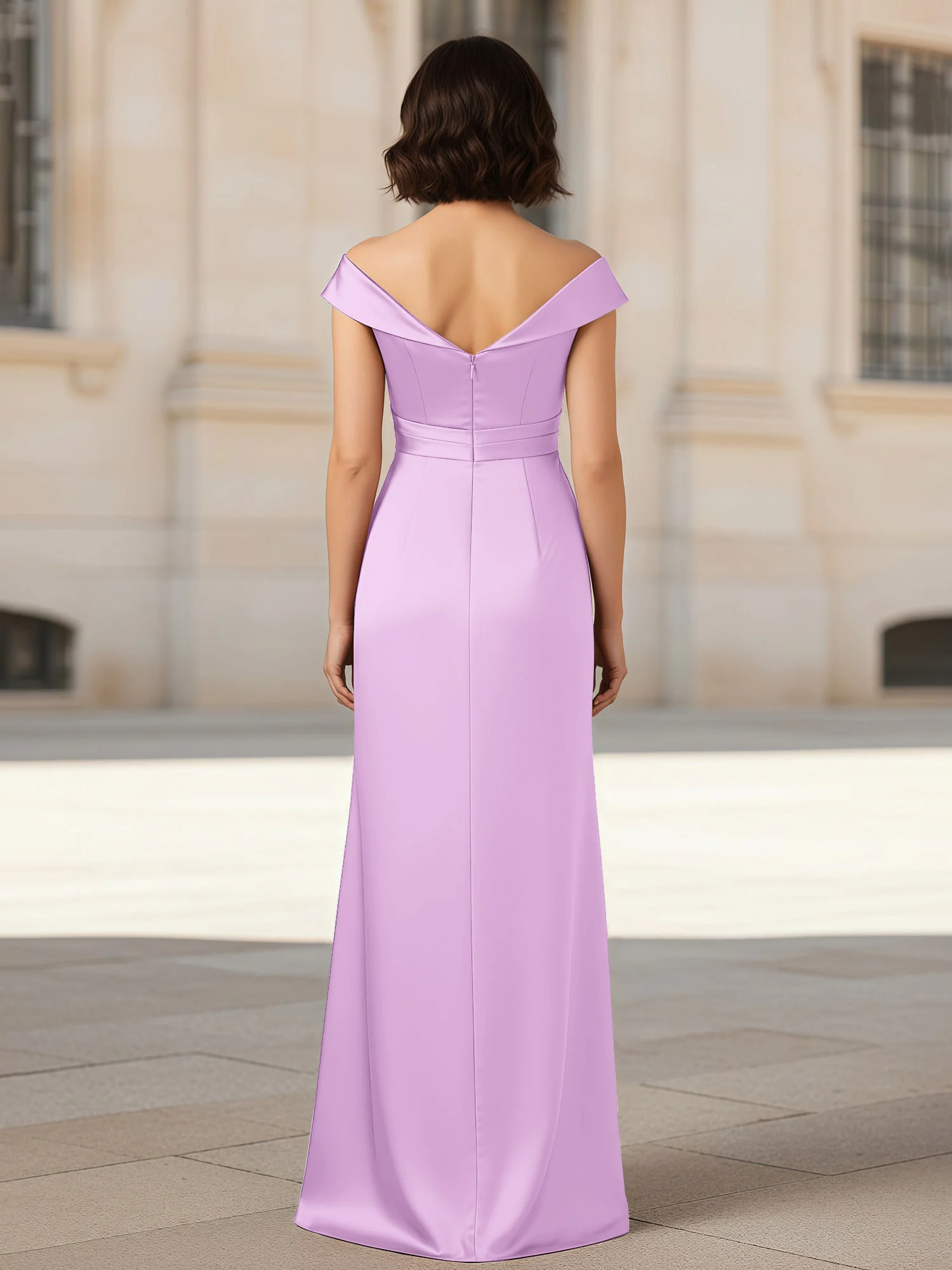 Pleated V-neck Stretch Satin Bodycon Dress Lilac - Image 2