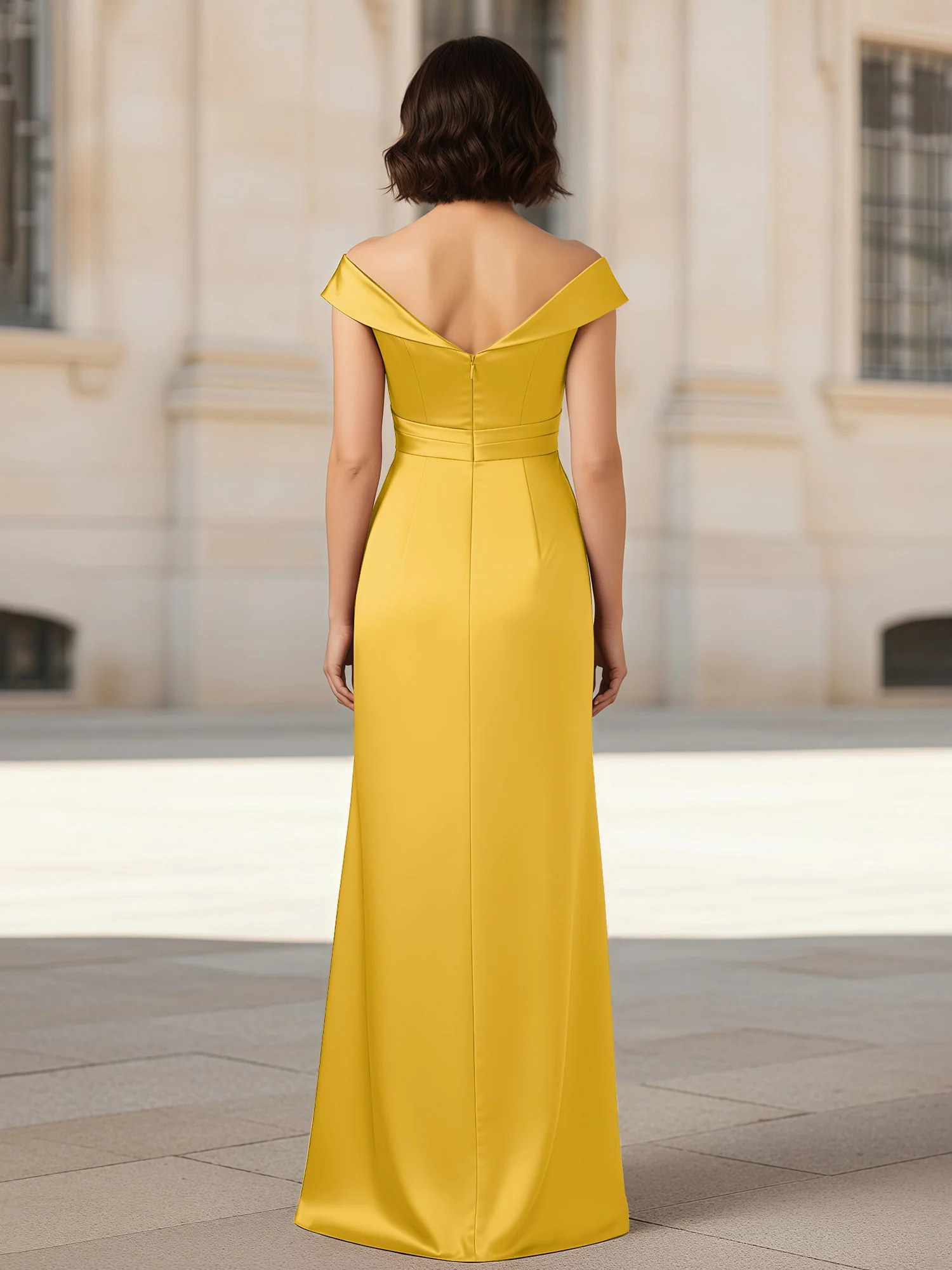 Pleated V-neck Stretch Satin Bodycon Dress Marigold - Image 2