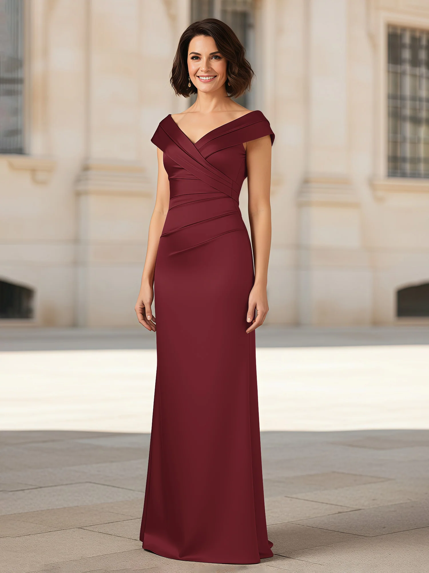 Pleated V-neck Stretch Satin Bodycon Dress Mulberry