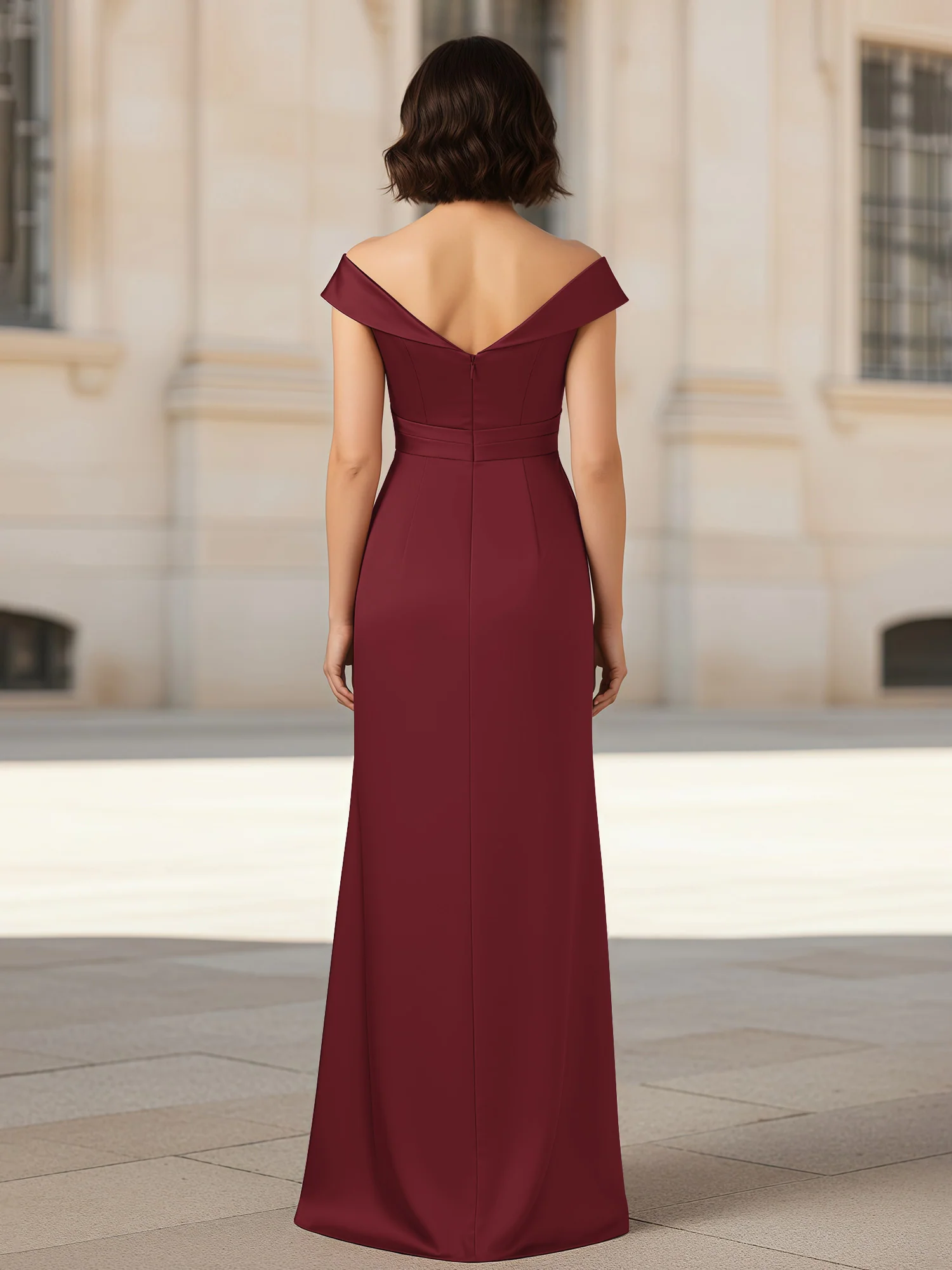 Pleated V-neck Stretch Satin Bodycon Dress Mulberry - Image 2