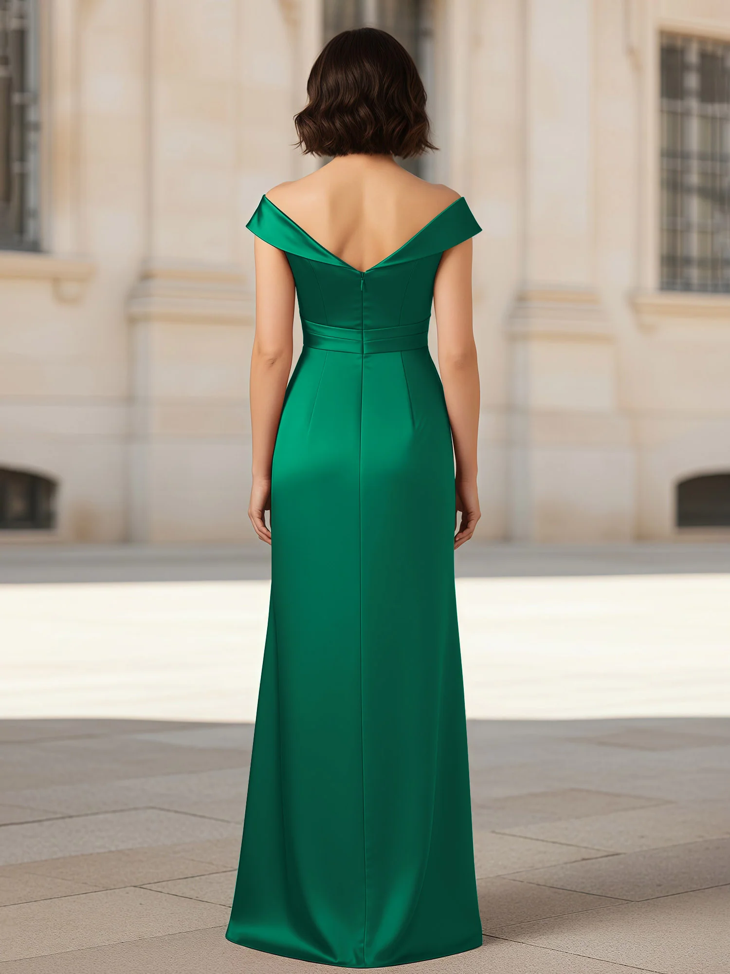 Pleated V-neck Stretch Satin Bodycon Dress Peacock - Image 2