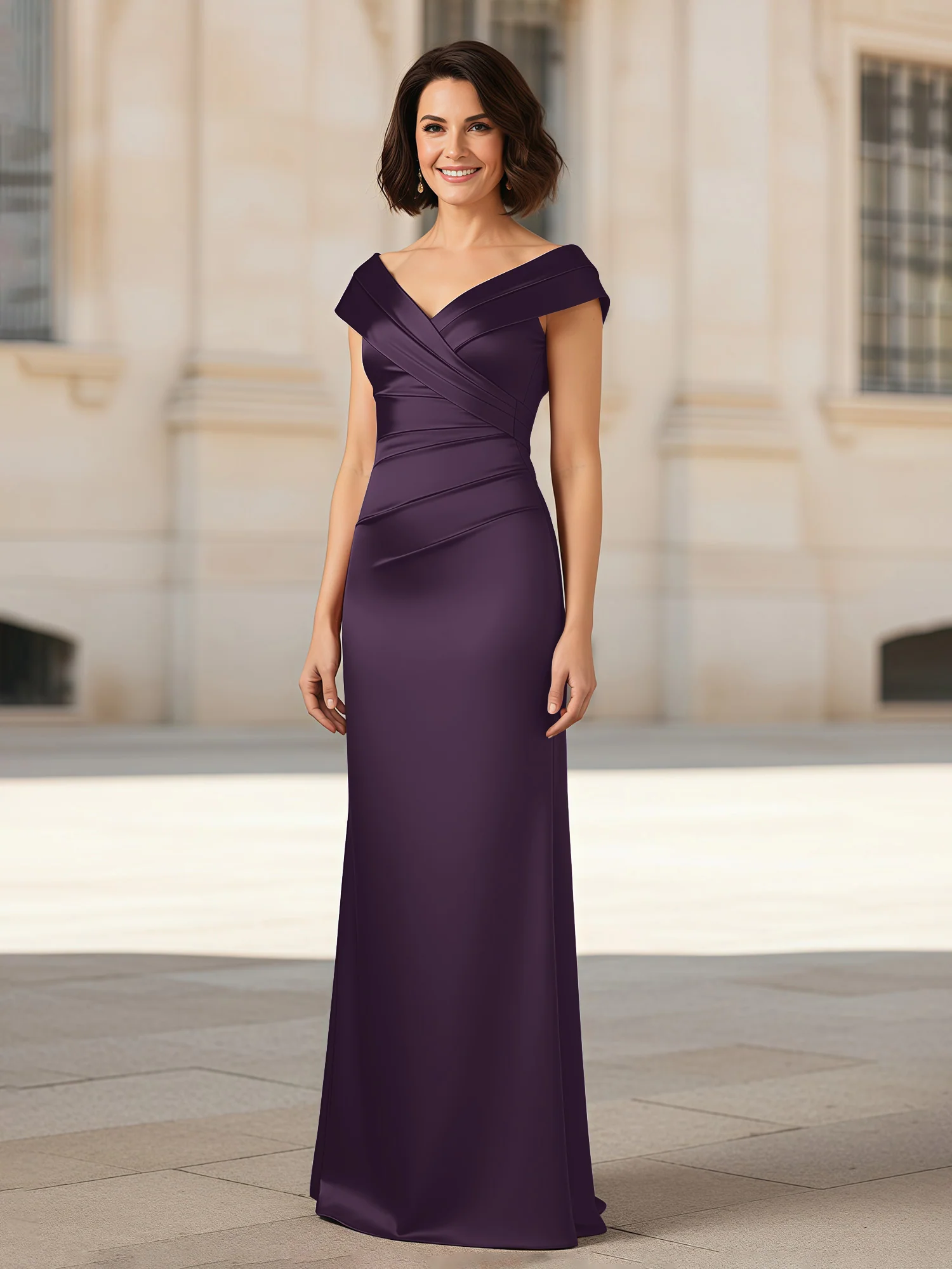 Pleated V-neck Stretch Satin Bodycon Dress Plum