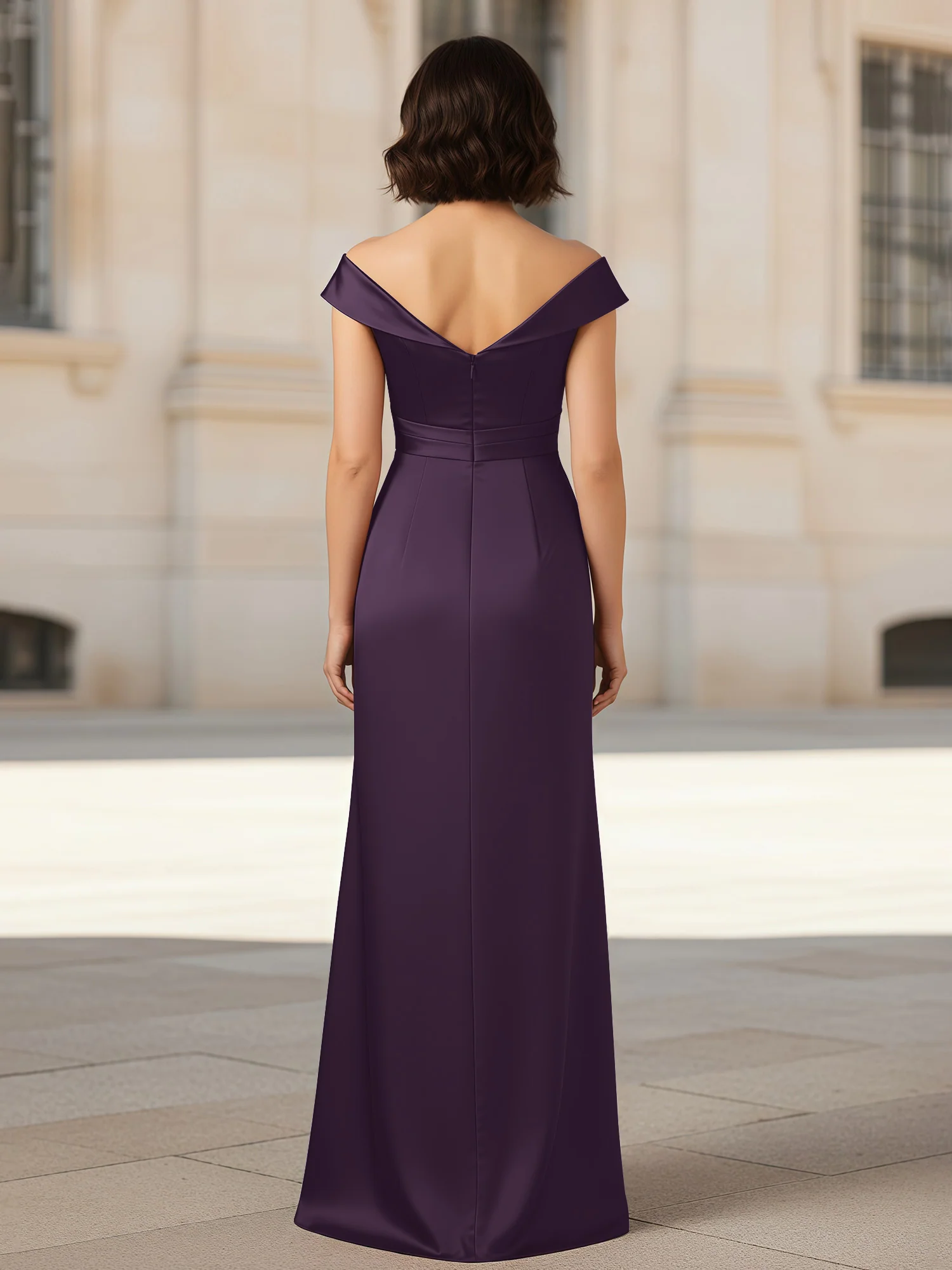 Pleated V-neck Stretch Satin Bodycon Dress Plum - Image 2