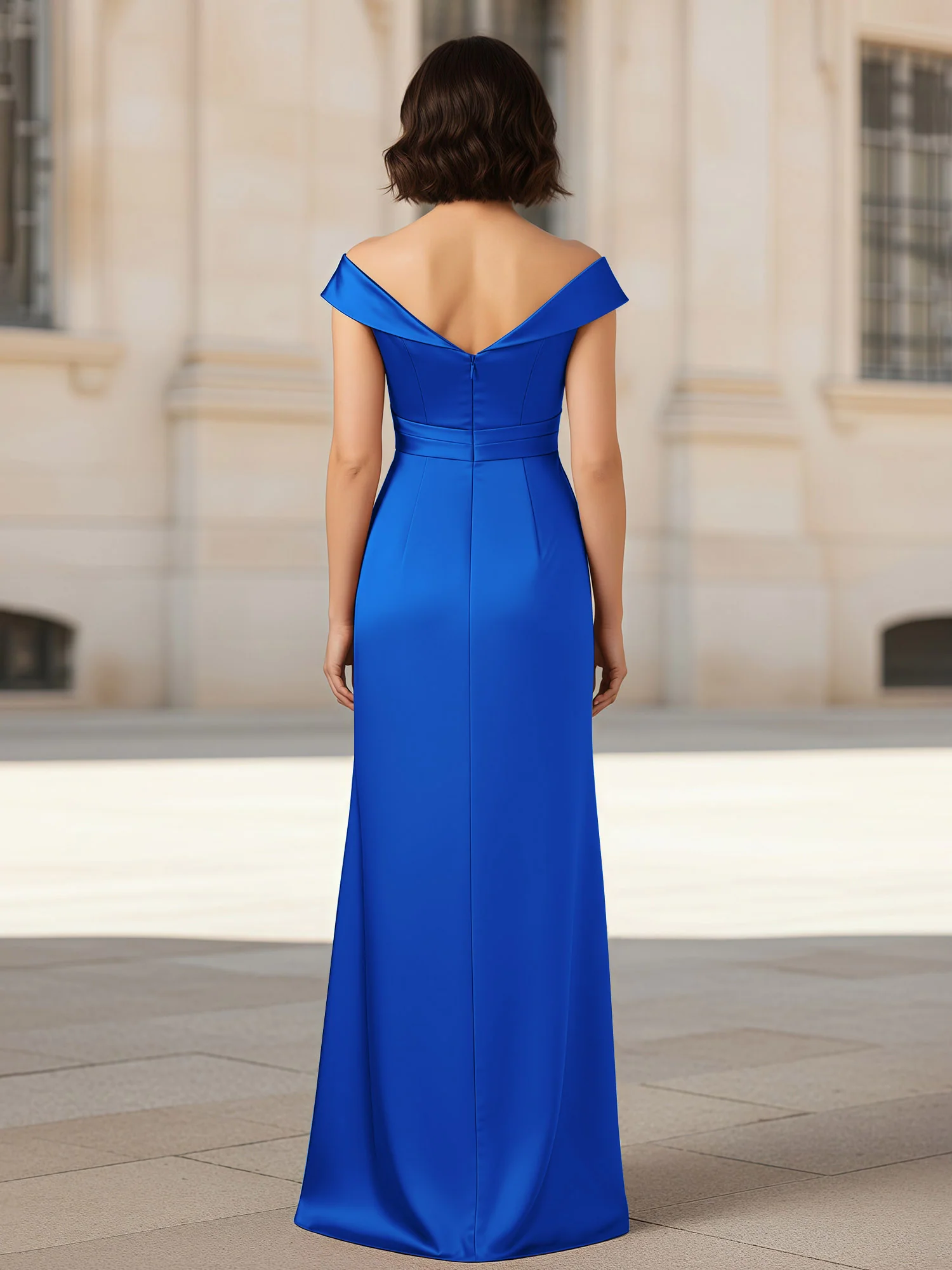 Pleated V-neck Stretch Satin Bodycon Dress Royal Blue - Image 2