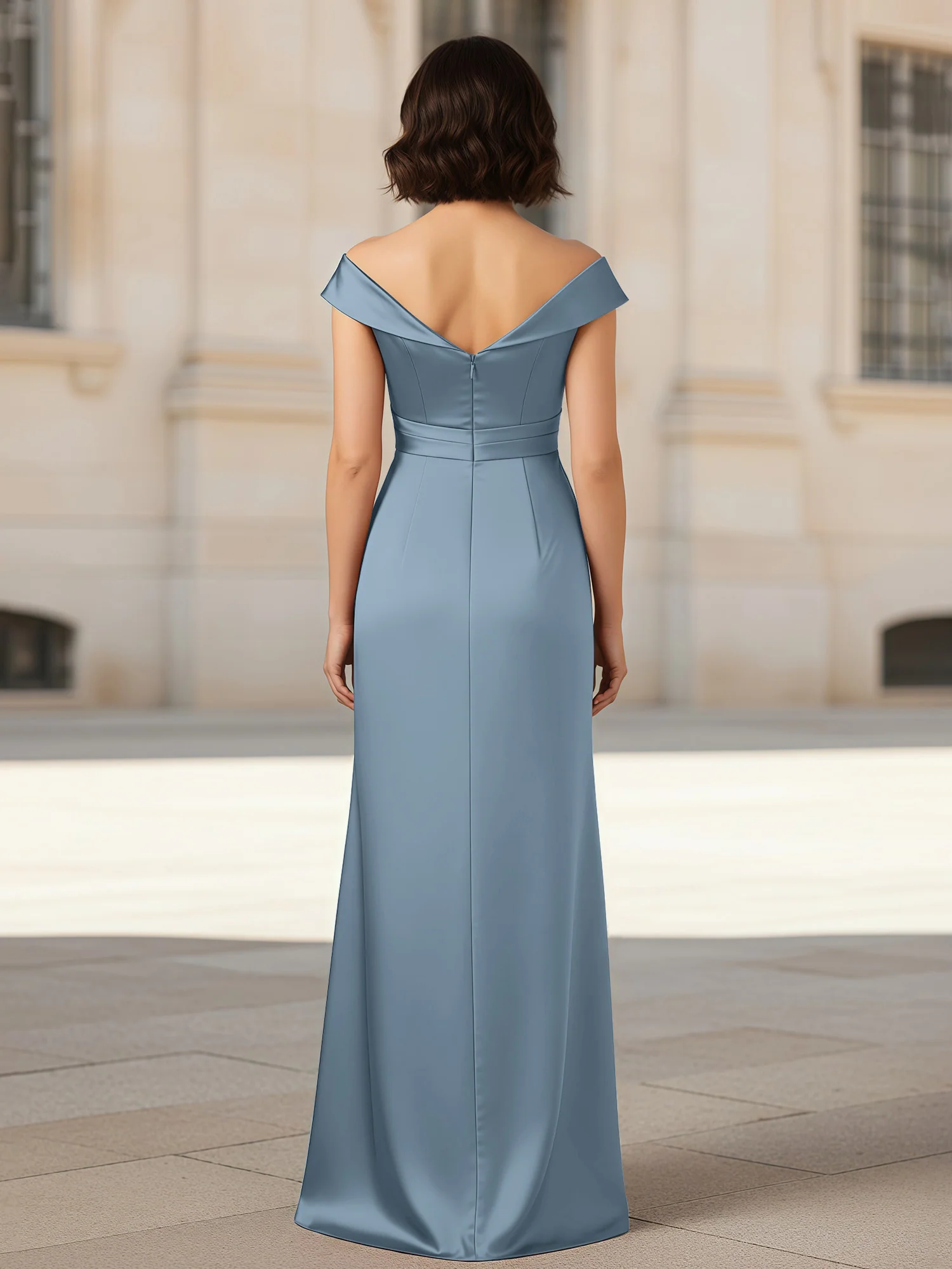 Pleated V-neck Stretch Satin Bodycon Dress Slate Blue - Image 2