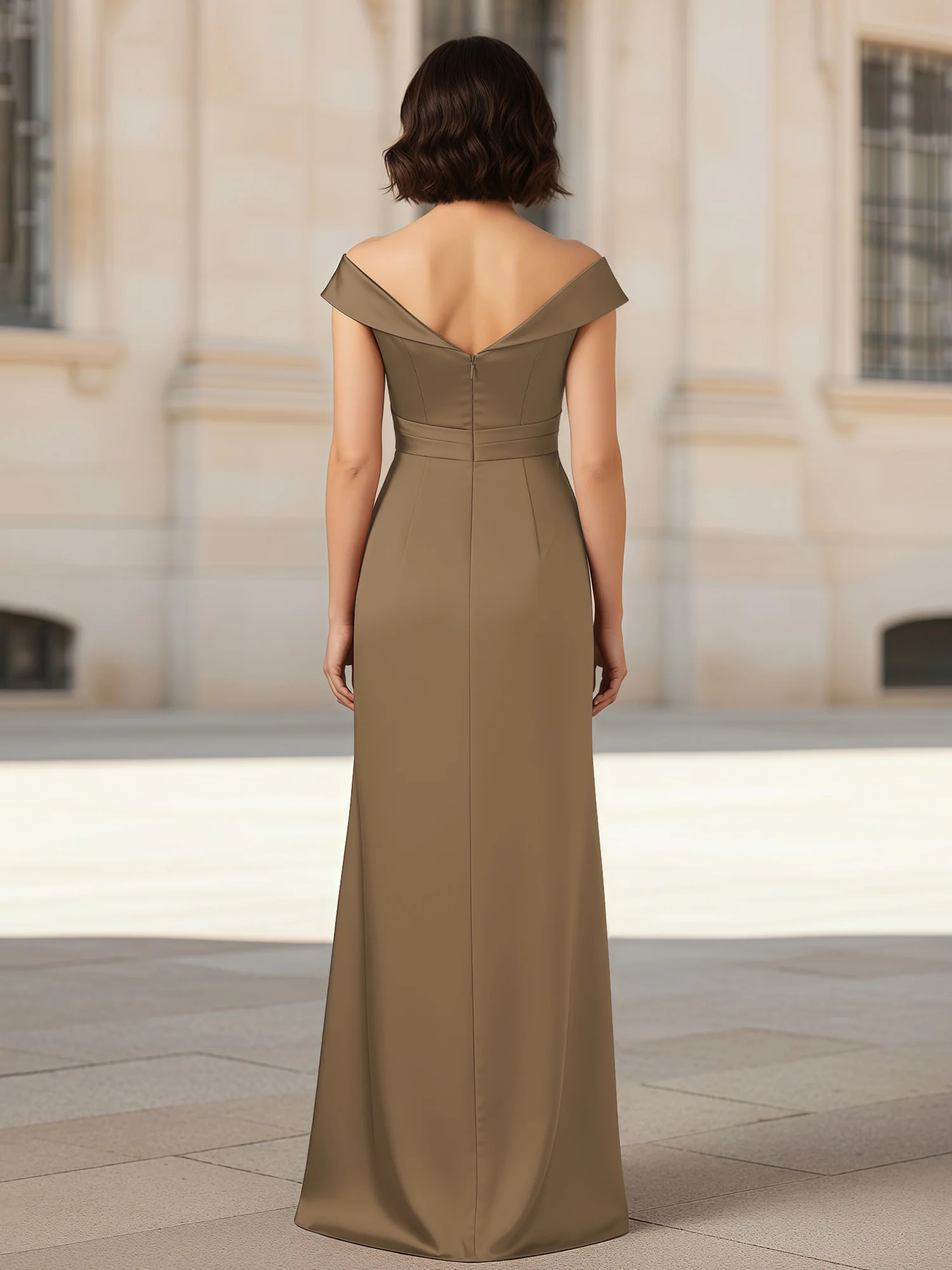 Pleated V-neck Stretch Satin Bodycon Dress Taupe - Image 2