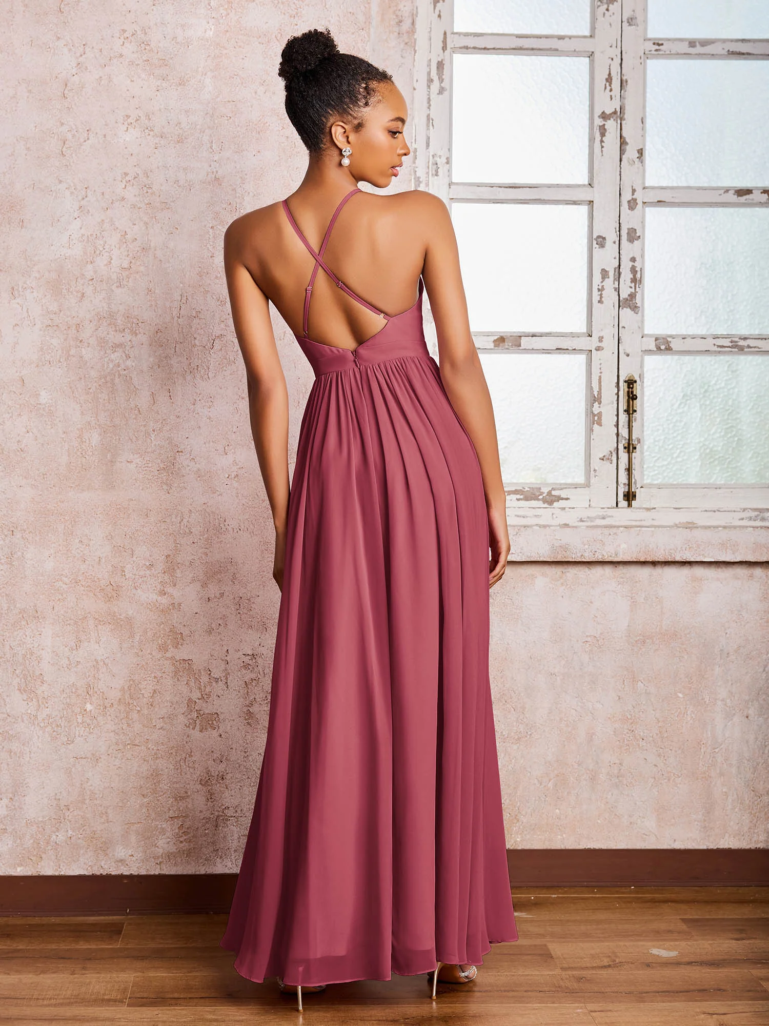 Plunging V-neck Criss-Cross Straps Ruched Chiffon Dresses with Slit Cinnamon Rose - Image 2