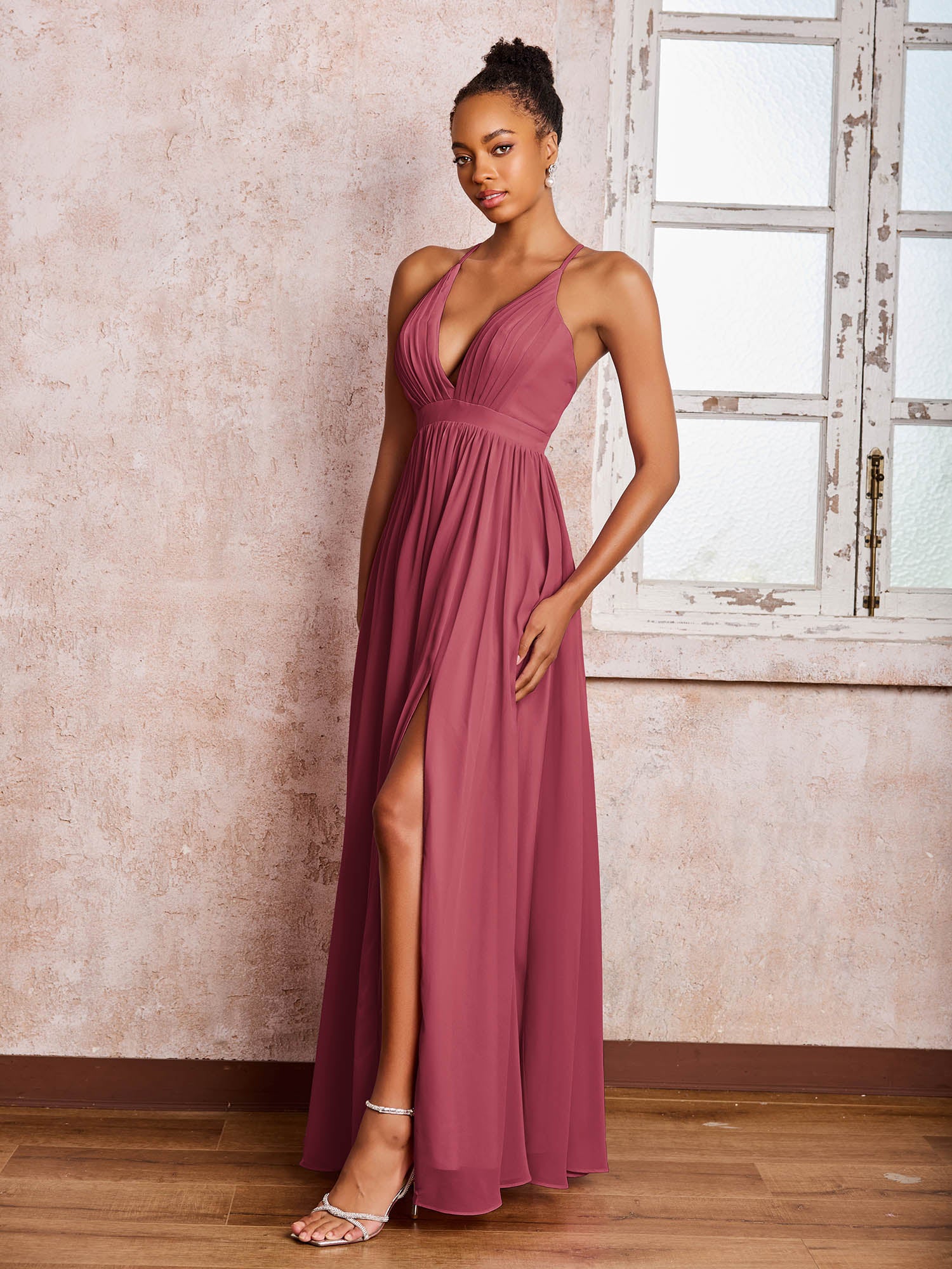 Plunging V-neck Criss-Cross Straps Ruched Chiffon Dresses with Slit Cinnamon Rose - Image 3