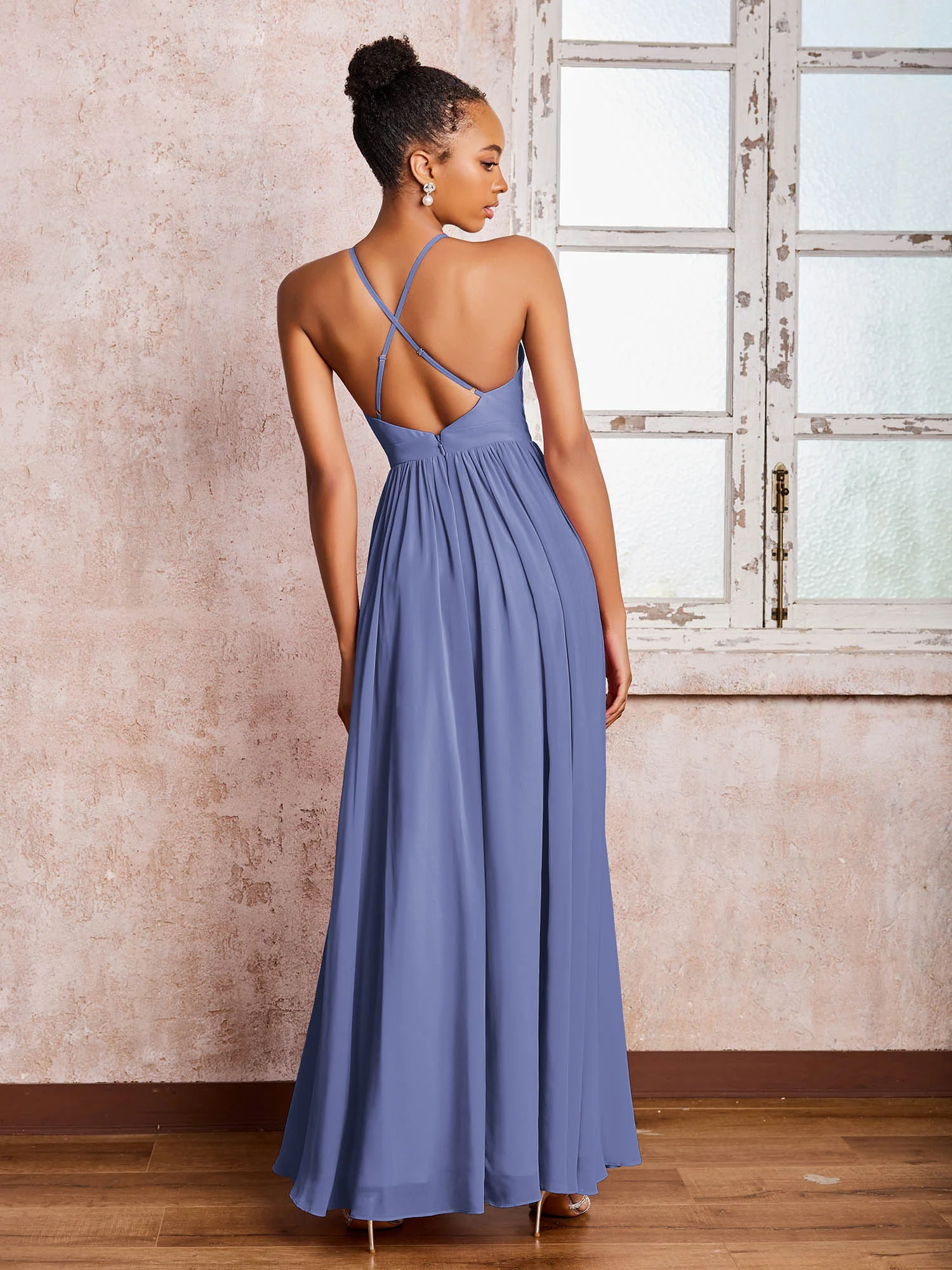 Plunging V-neck Criss-Cross Straps Ruched Chiffon Dresses with Slit Periwinkle - Image 2