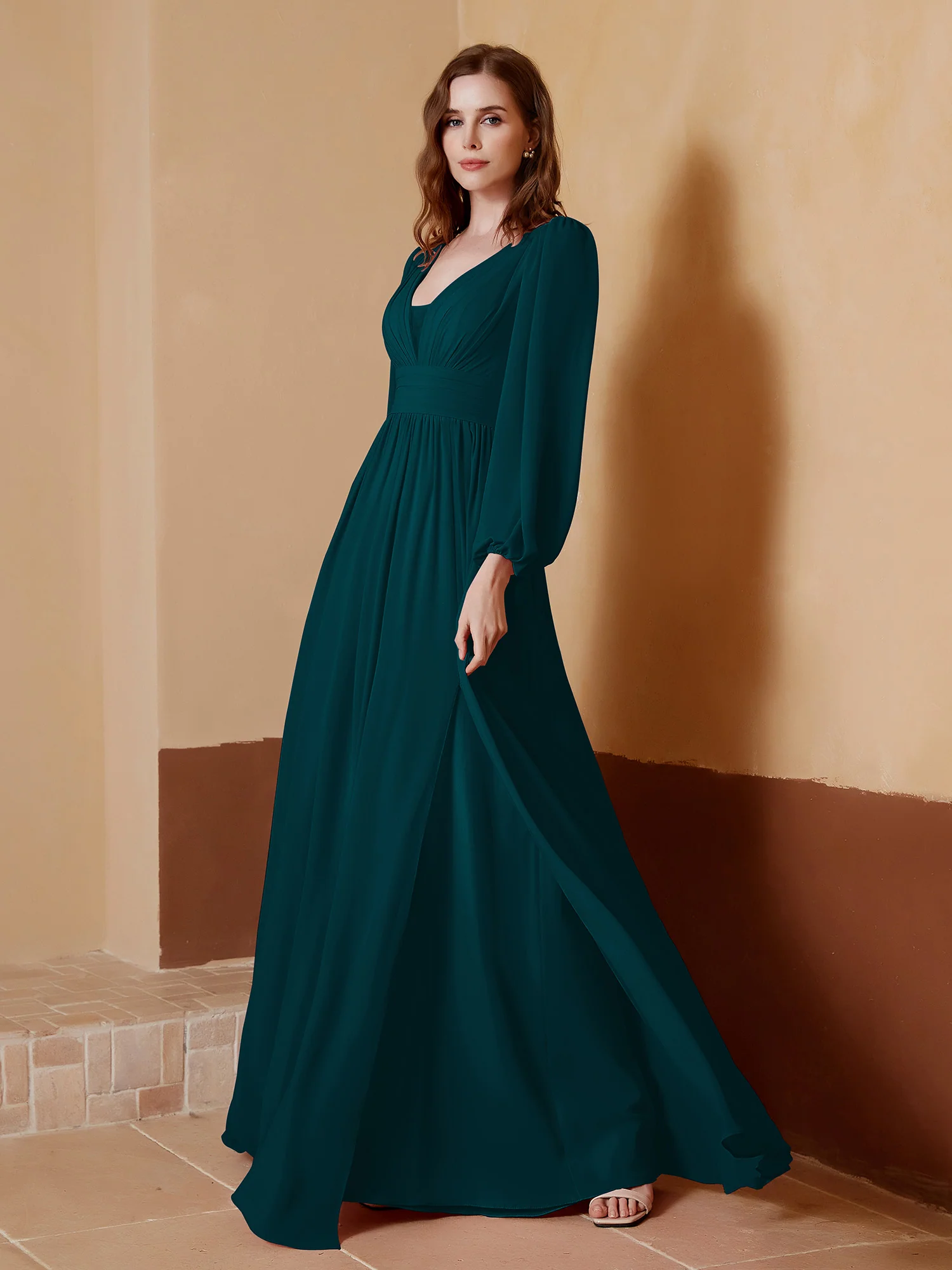 Plunging V-neck Floor-length Dress With Slit Pine - Image 3