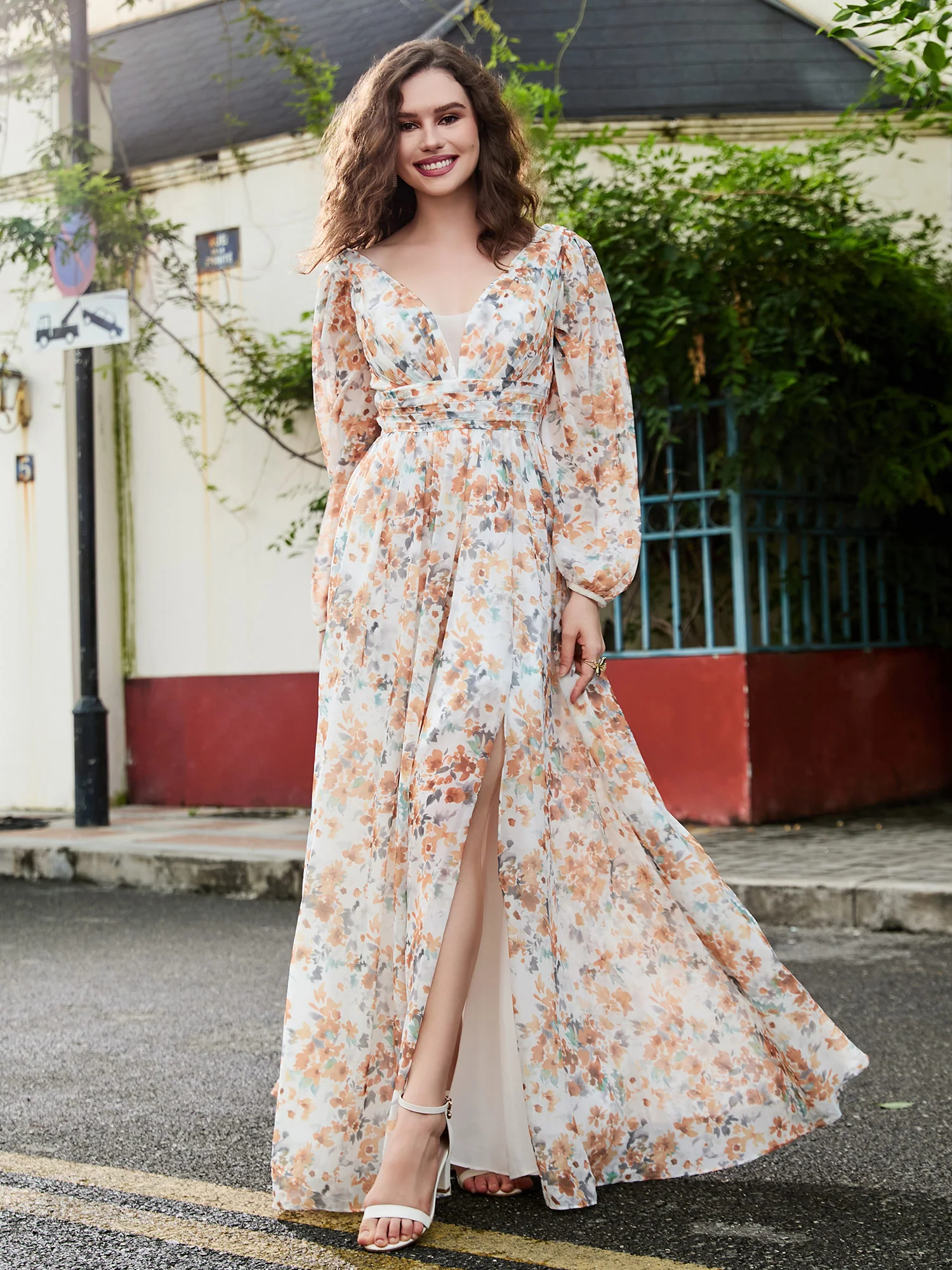 Plunging V-neck Floor-length Dress With Slit Sunset Floral - Image 4