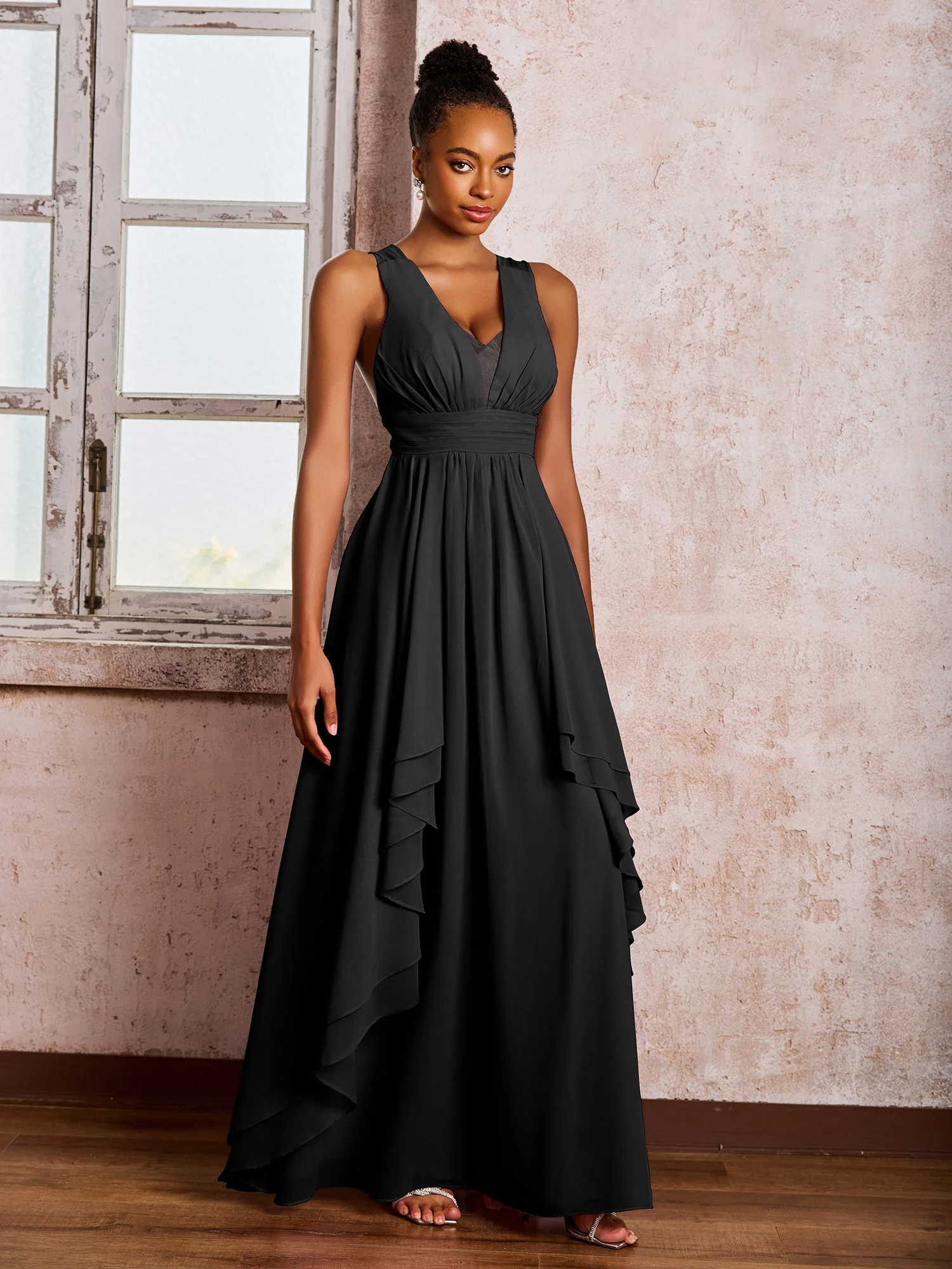 Plunging V-Neck Ruffle Open Back Dresses with Cascade Skirt Black - Image 3
