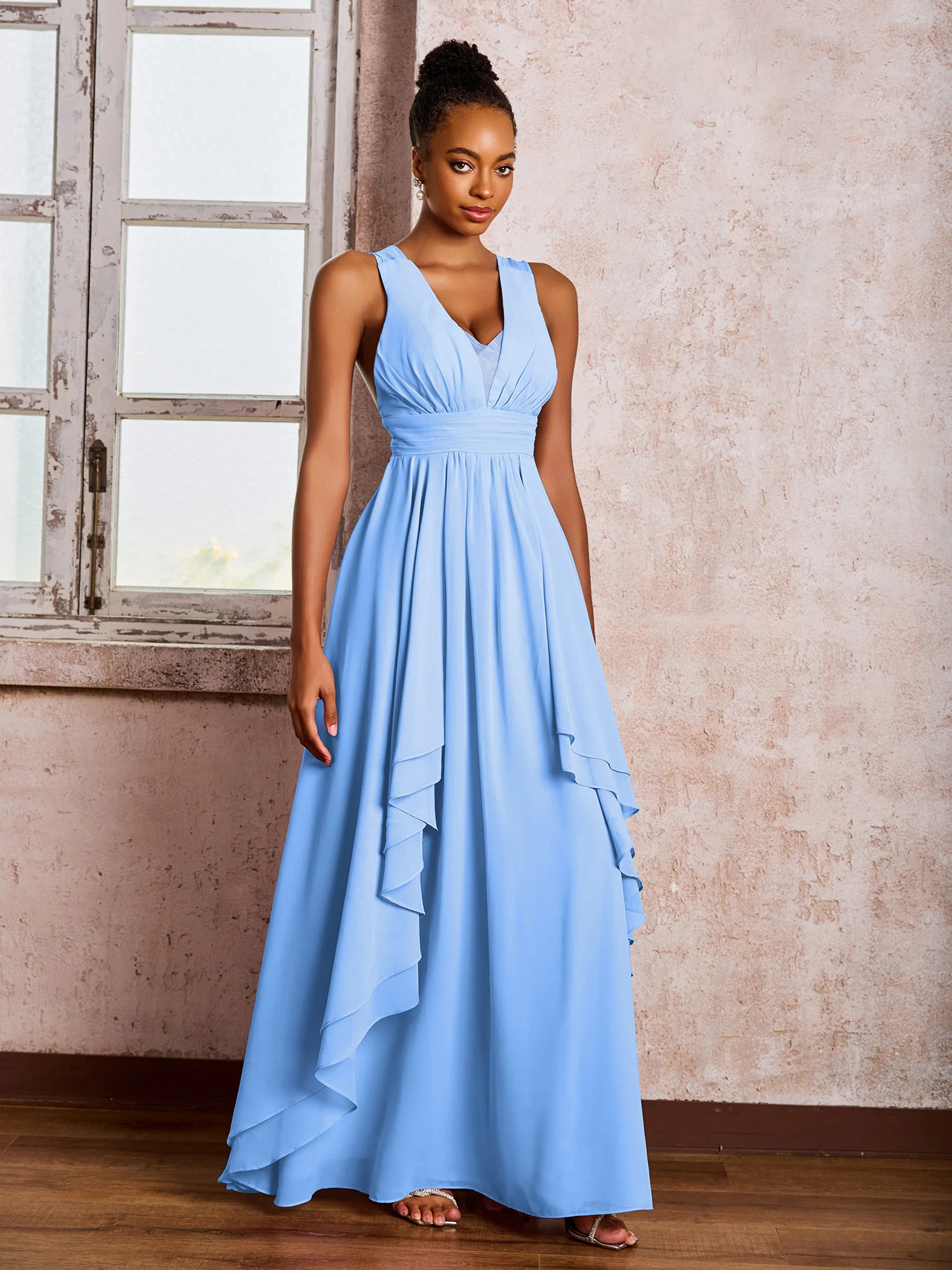 Plunging V-Neck Ruffle Open Back Dresses with Cascade Skirt Blue - Image 3