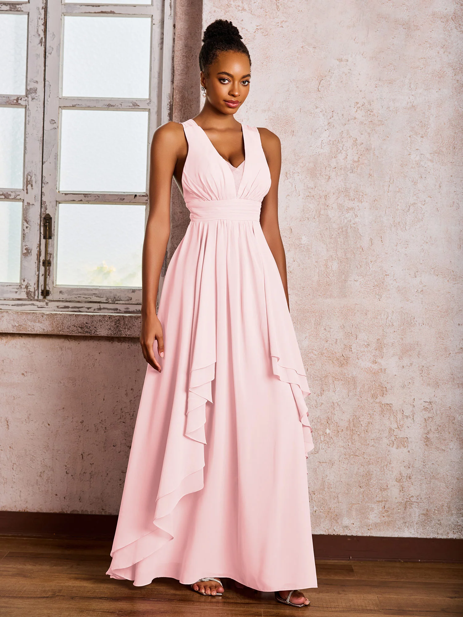 Plunging V-Neck Ruffle Open Back Dresses with Cascade Skirt Blushing Pink - Image 3