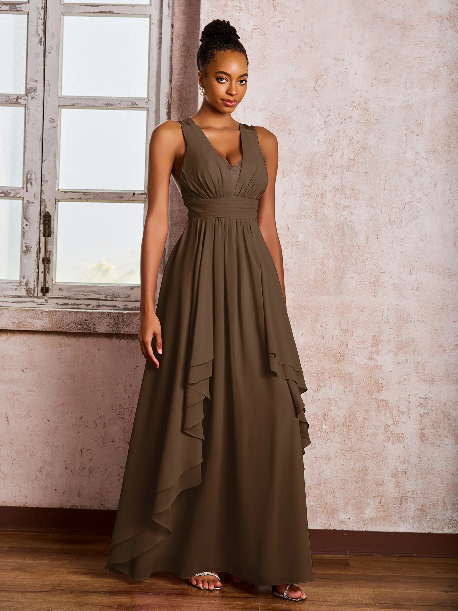 Plunging V-Neck Ruffle Open Back Dresses with Cascade Skirt Brown - Image 3