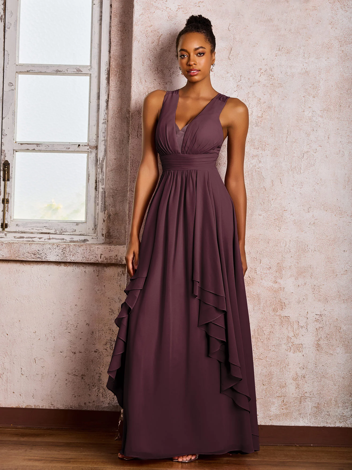 Plunging V-Neck Ruffle Open Back Dresses with Cascade Skirt Cabernet