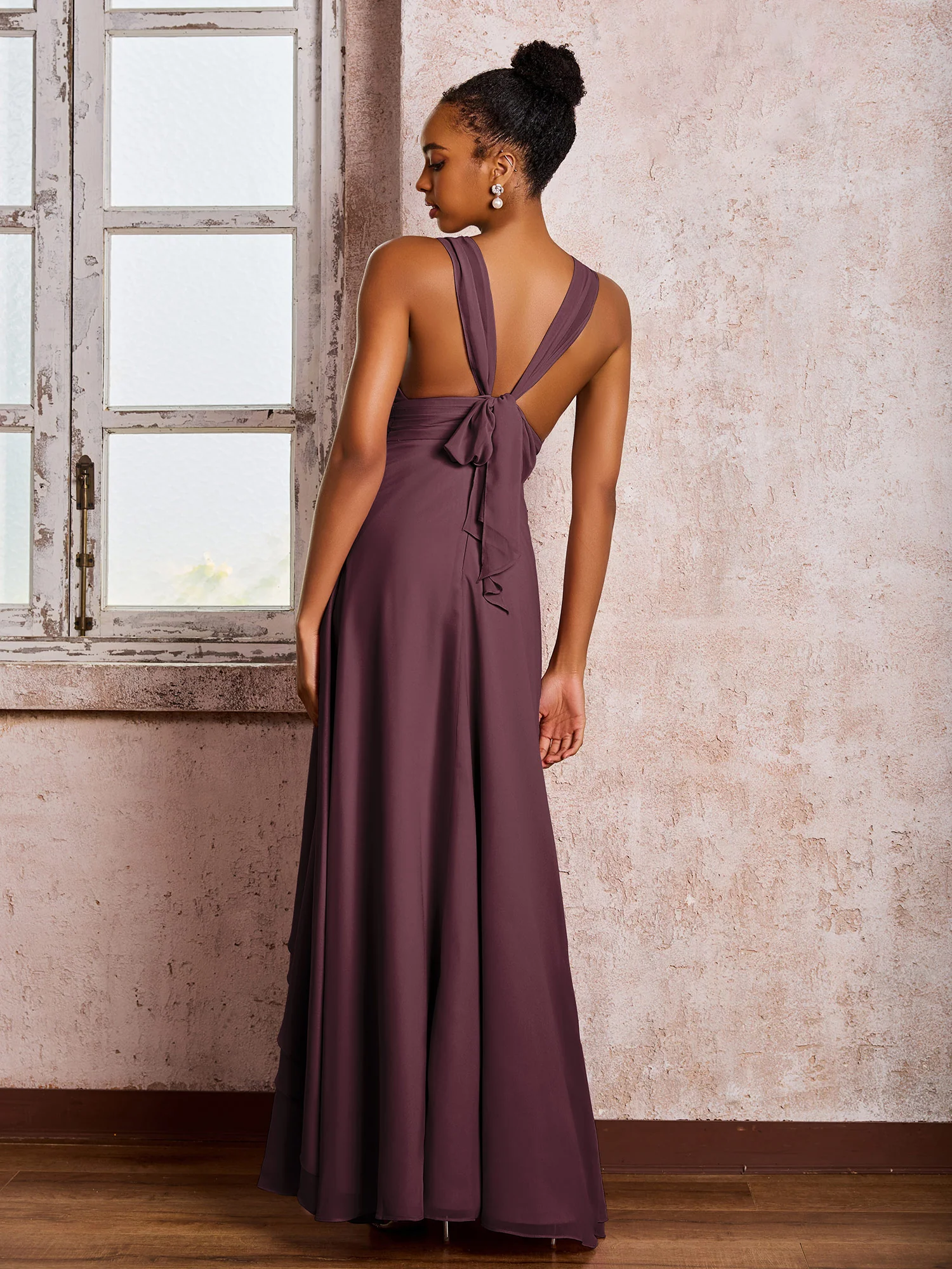 Plunging V-Neck Ruffle Open Back Dresses with Cascade Skirt Cabernet - Image 2