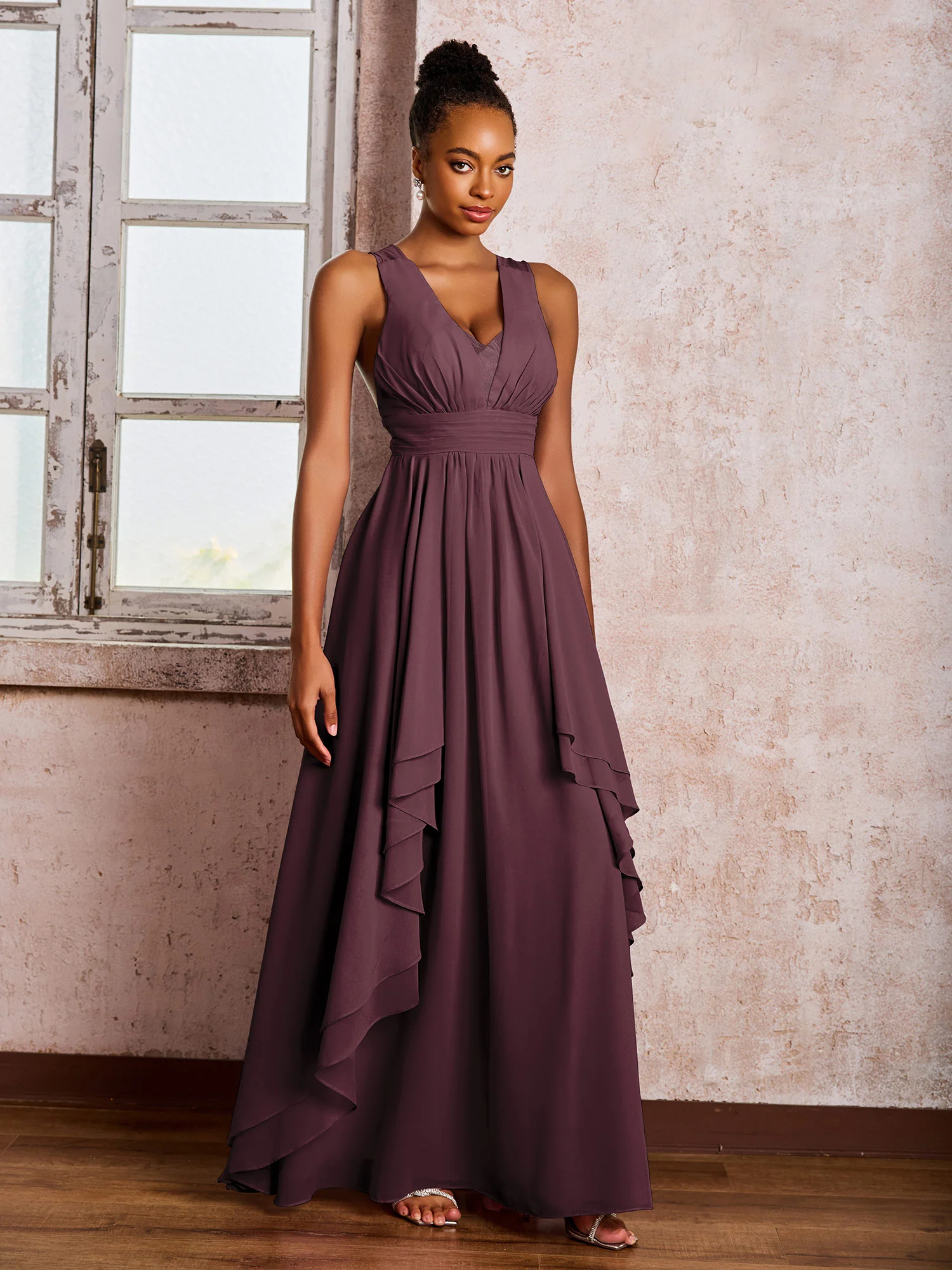 Plunging V-Neck Ruffle Open Back Dresses with Cascade Skirt Cabernet - Image 3