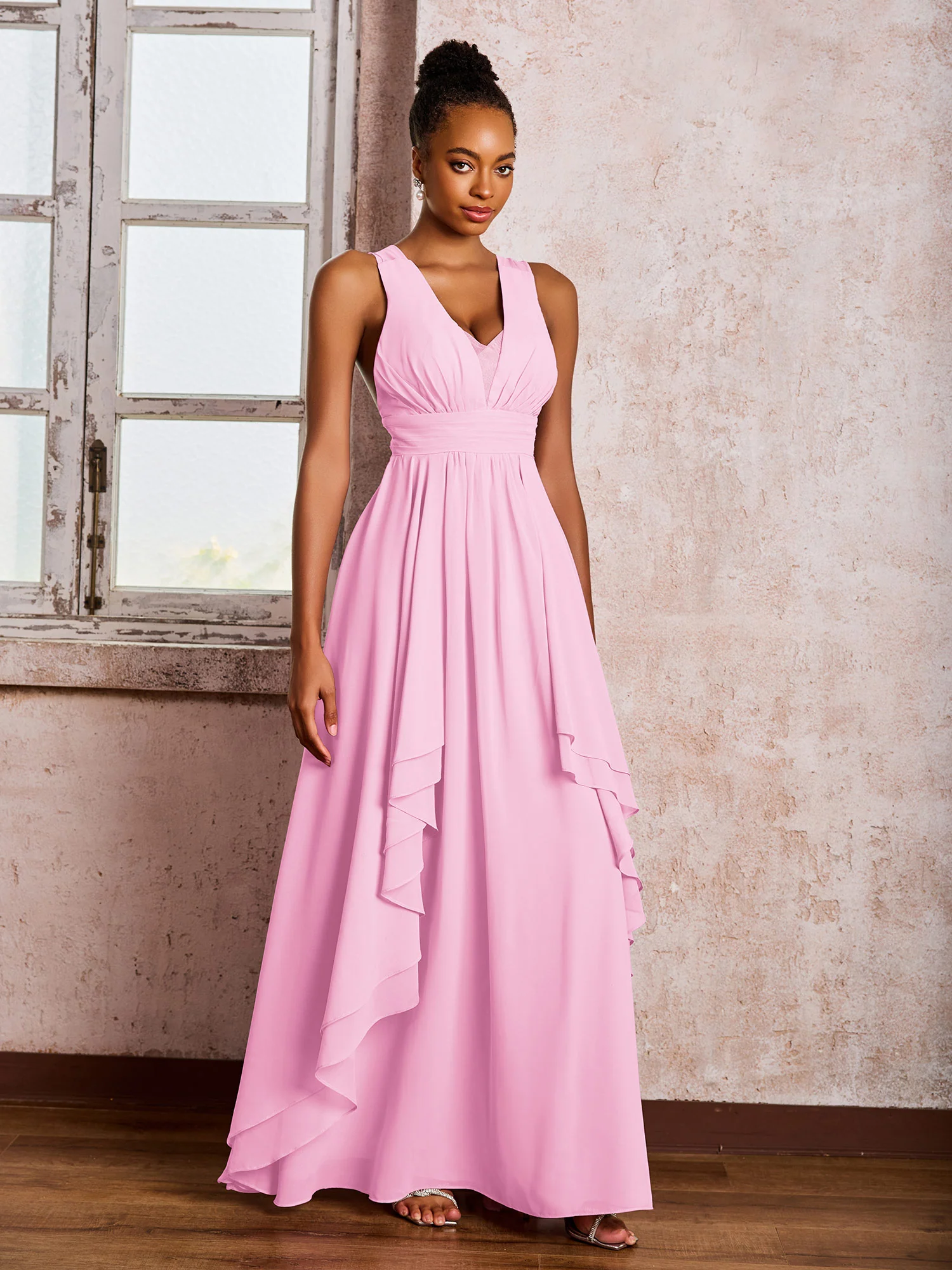 Plunging V-Neck Ruffle Open Back Dresses with Cascade Skirt Candy Pink - Image 3