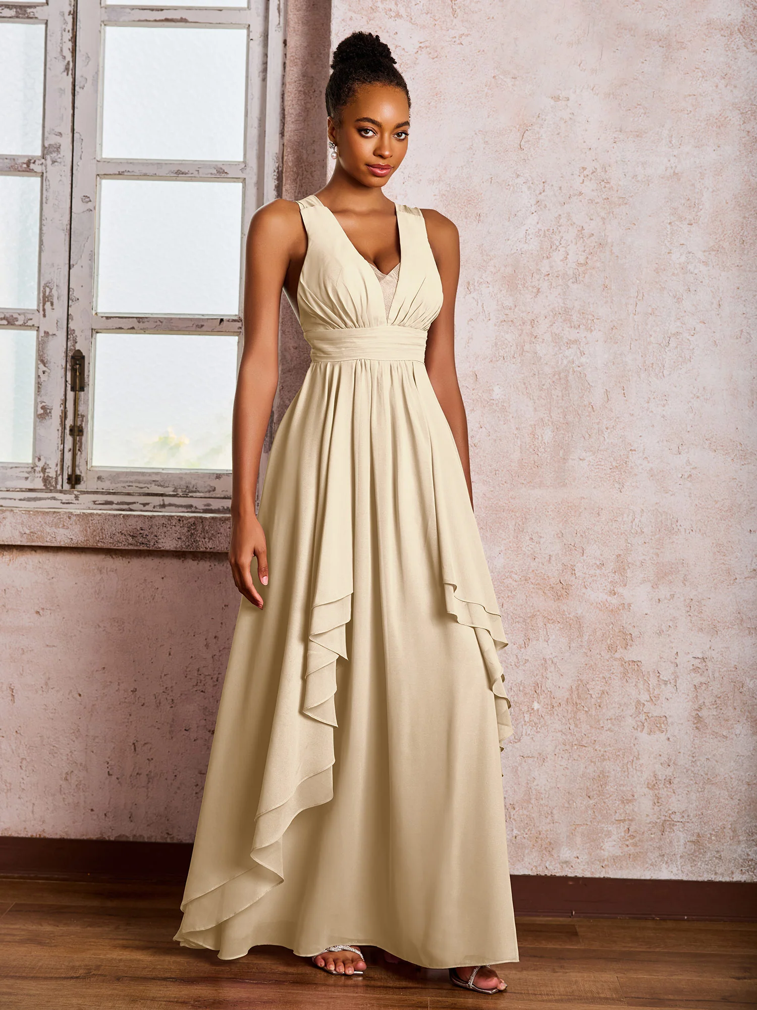 Plunging V-Neck Ruffle Open Back Dresses with Cascade Skirt Champagne - Image 3
