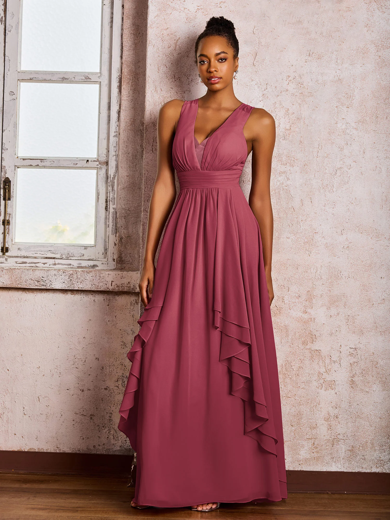 Plunging V-Neck Ruffle Open Back Dresses with Cascade Skirt Cinnamon Rose
