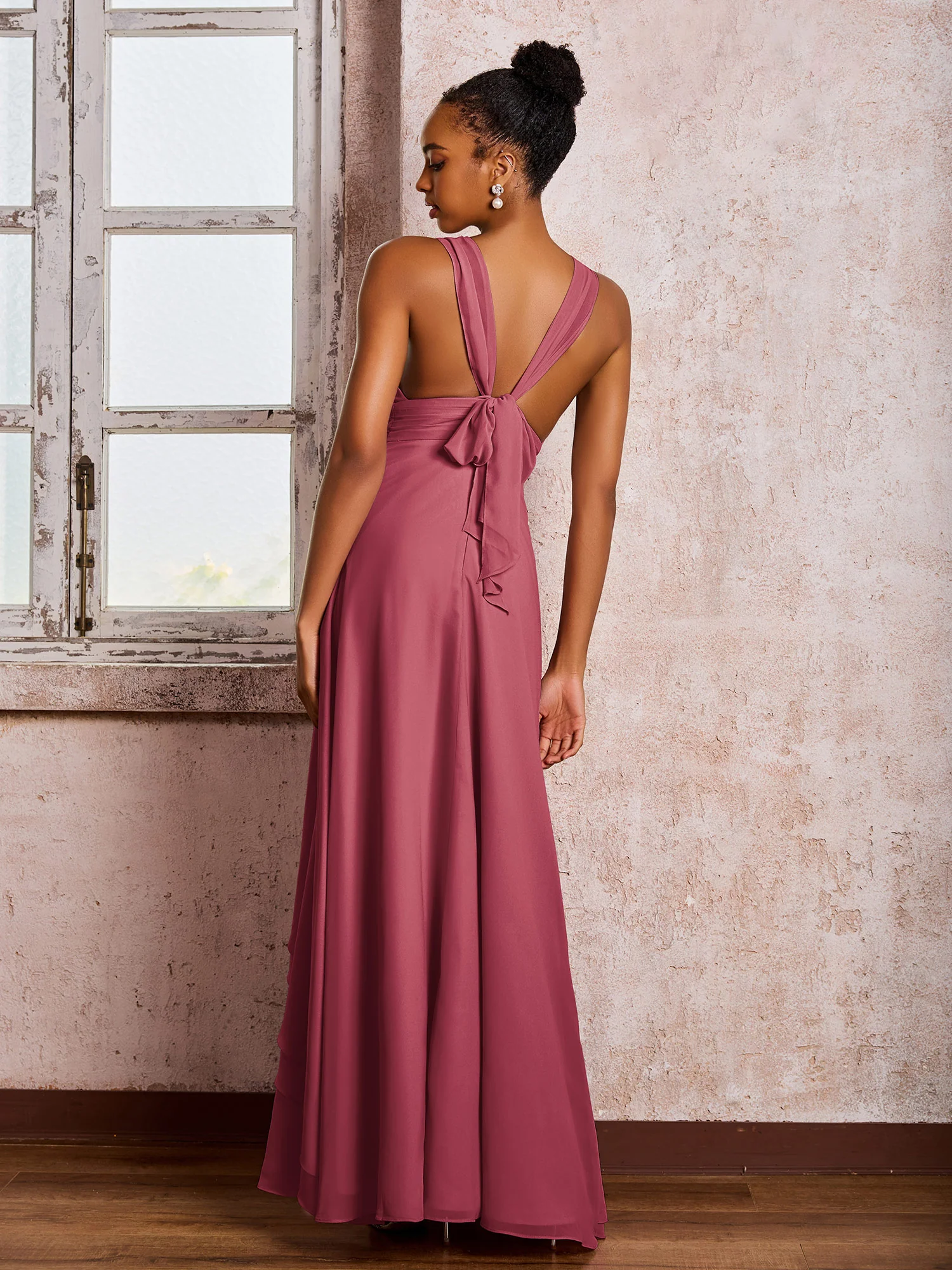 Plunging V-Neck Ruffle Open Back Dresses with Cascade Skirt Cinnamon Rose - Image 2