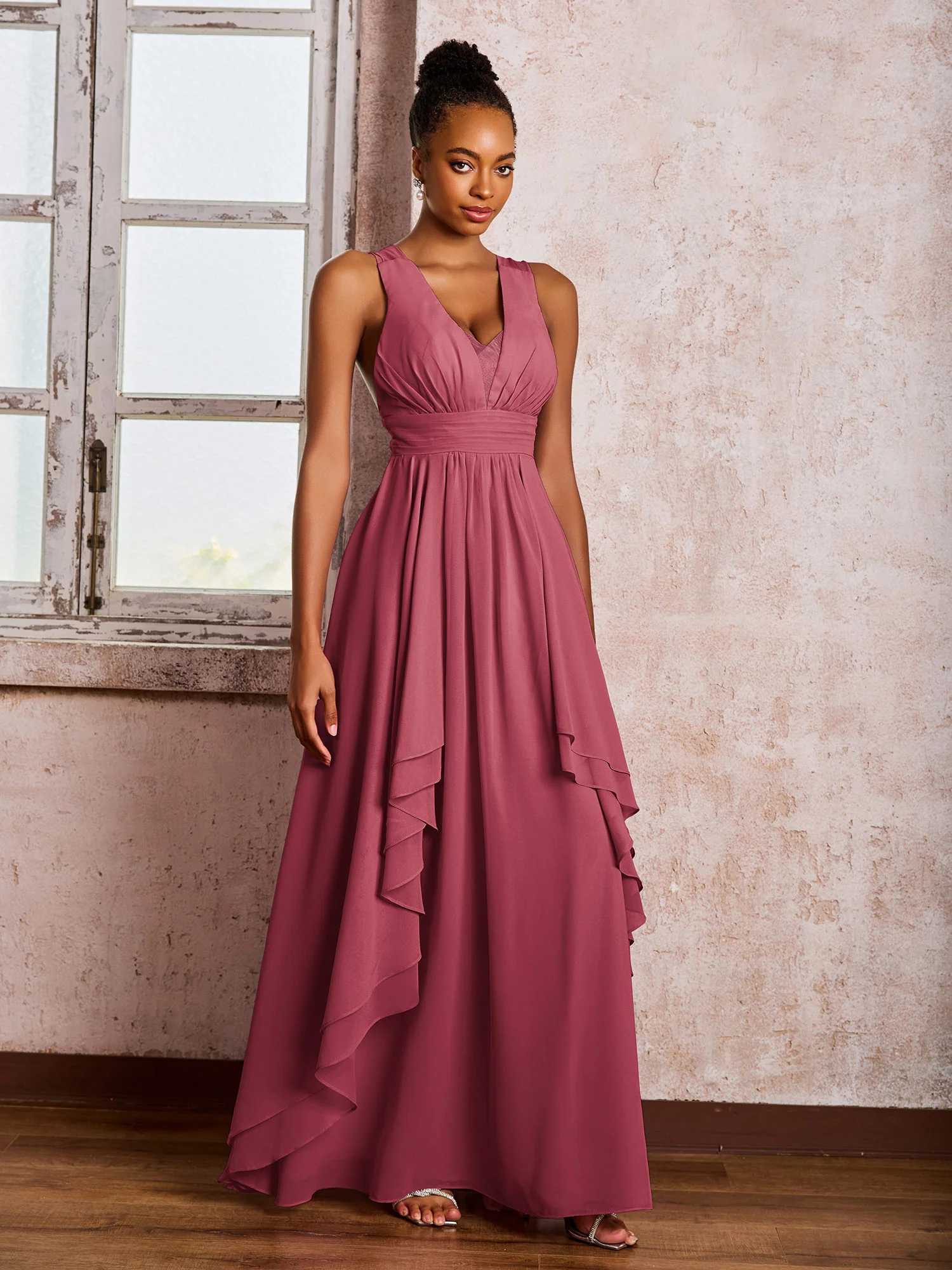 Plunging V-Neck Ruffle Open Back Dresses with Cascade Skirt Cinnamon Rose - Image 3