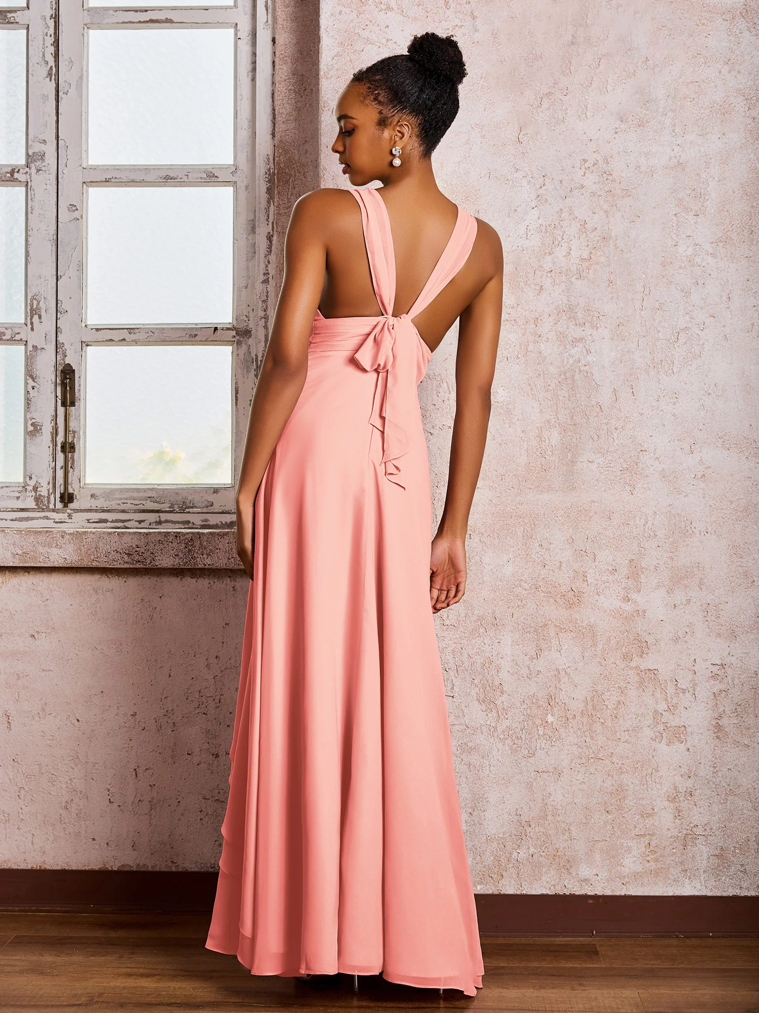 Plunging V-Neck Ruffle Open Back Dresses with Cascade Skirt Coral - Image 2