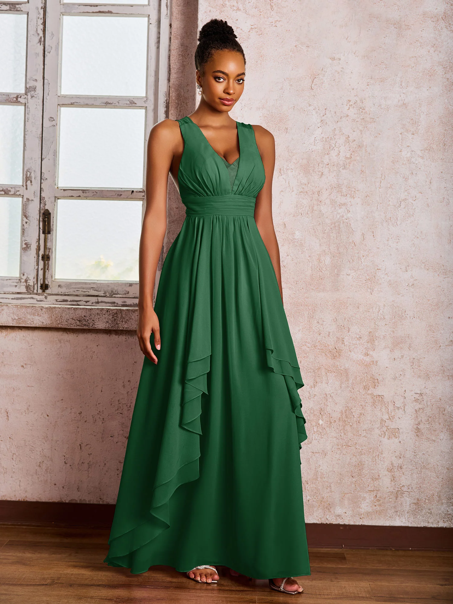 Plunging V-Neck Ruffle Open Back Dresses with Cascade Skirt Dark Green - Image 3