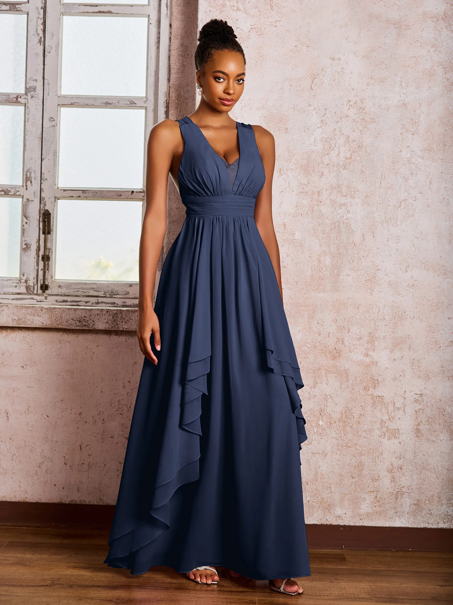 Plunging V-Neck Ruffle Open Back Dresses with Cascade Skirt Dark Navy - Image 3
