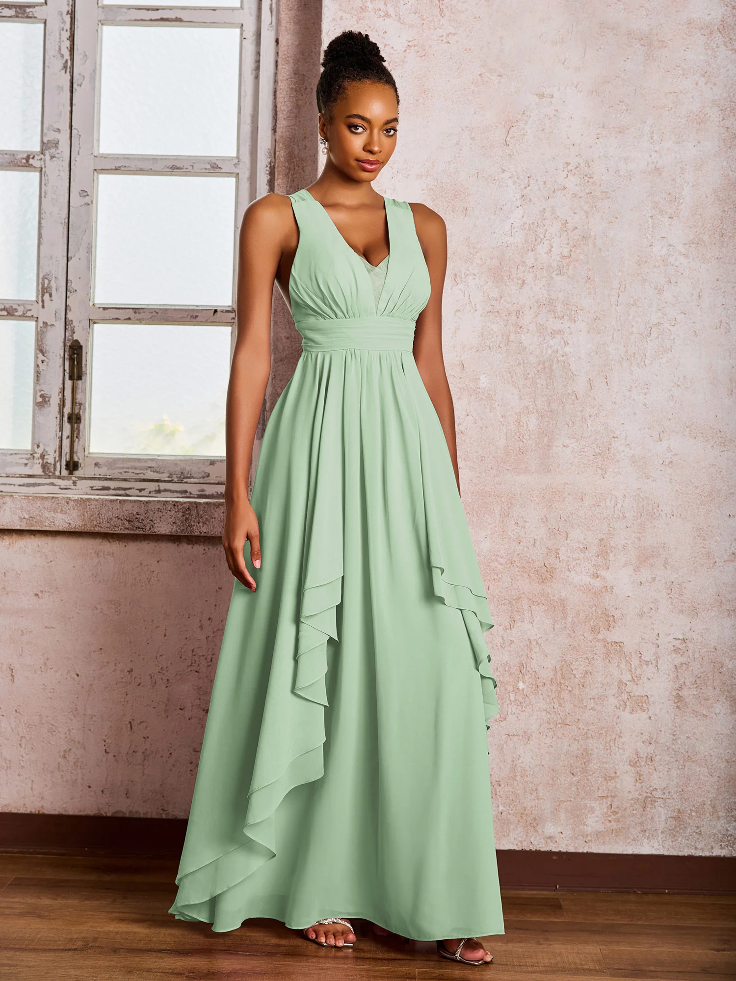 Plunging V-Neck Ruffle Open Back Dresses with Cascade Skirt Dusty Sage - Image 3