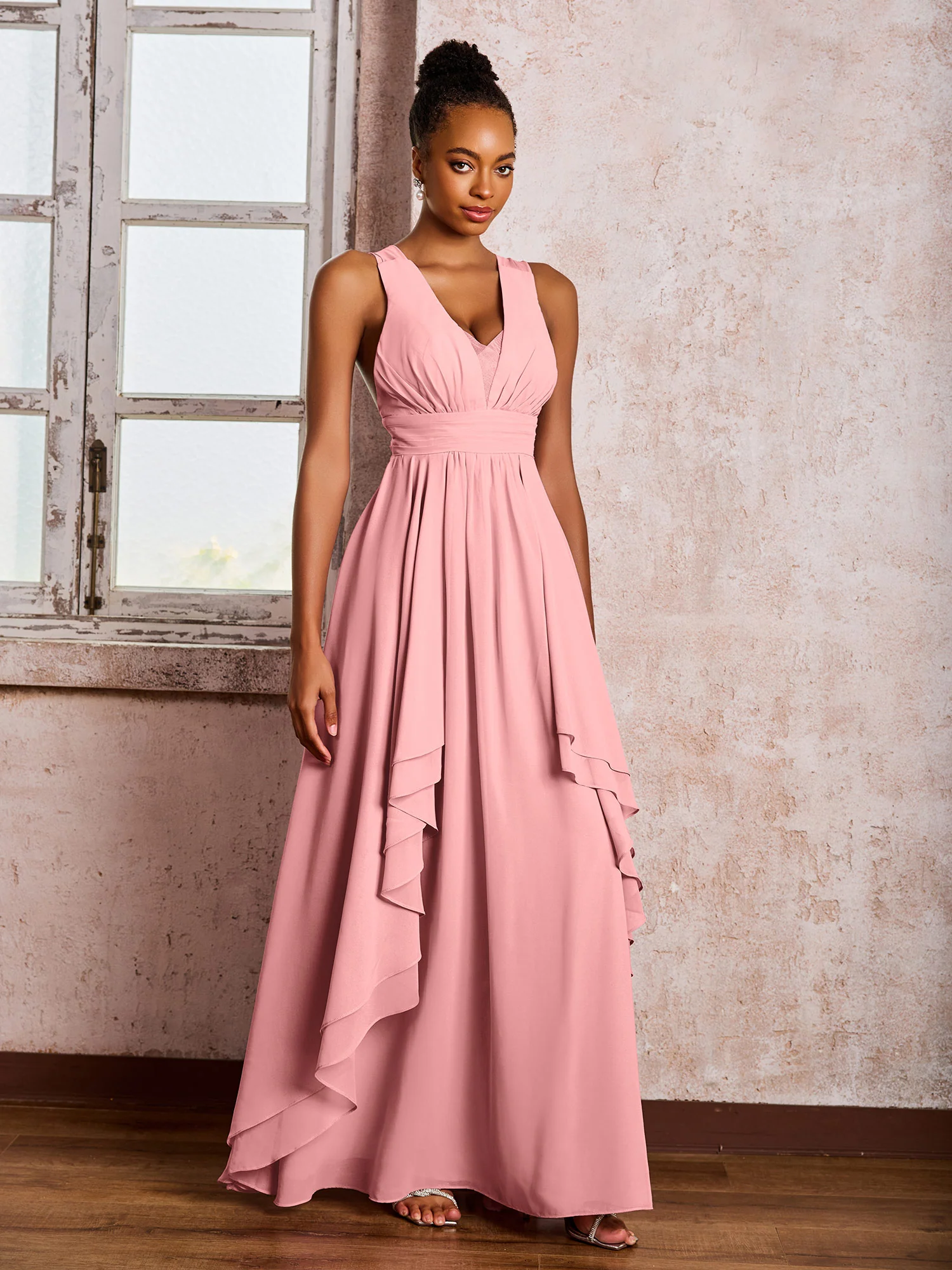Plunging V-Neck Ruffle Open Back Dresses with Cascade Skirt Flamingo - Image 3