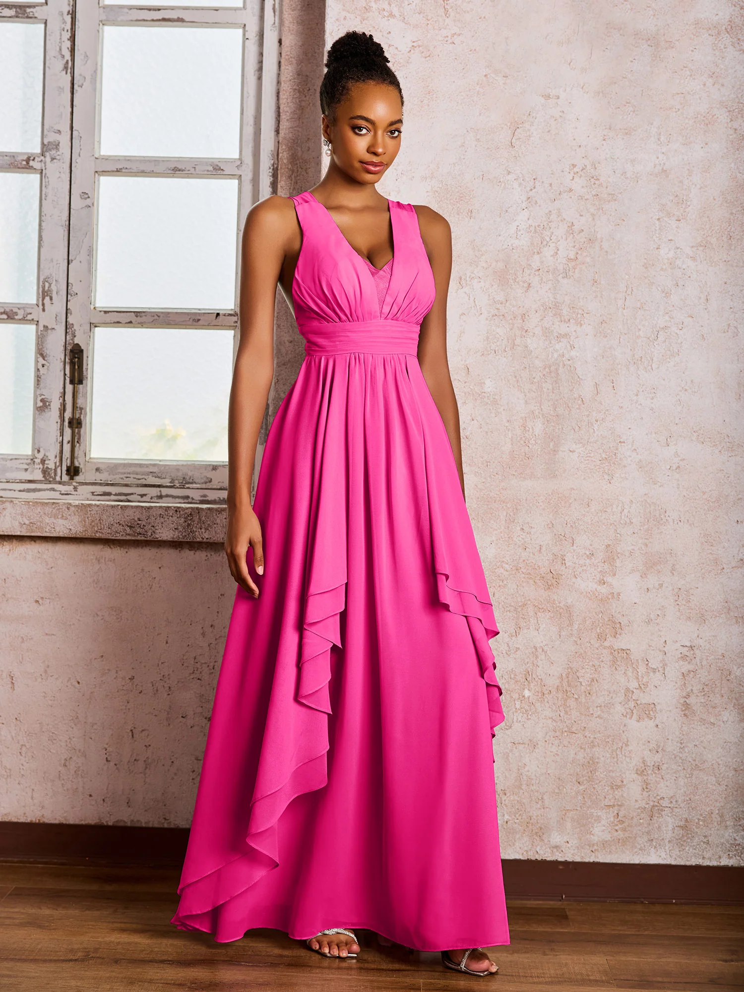 Plunging V-Neck Ruffle Open Back Dresses with Cascade Skirt Fuchsia - Image 3