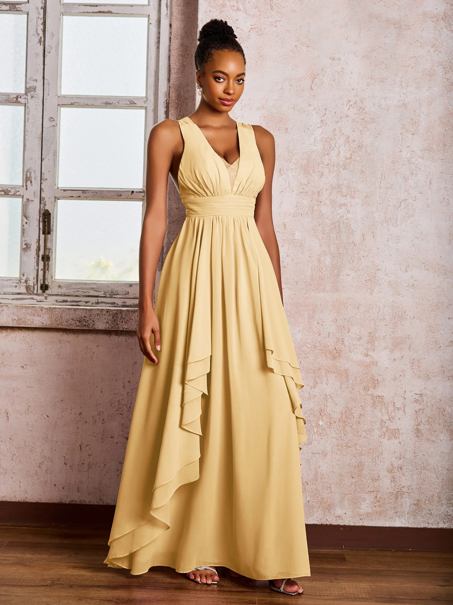 Plunging V-Neck Ruffle Open Back Dresses with Cascade Skirt Gold - Image 3