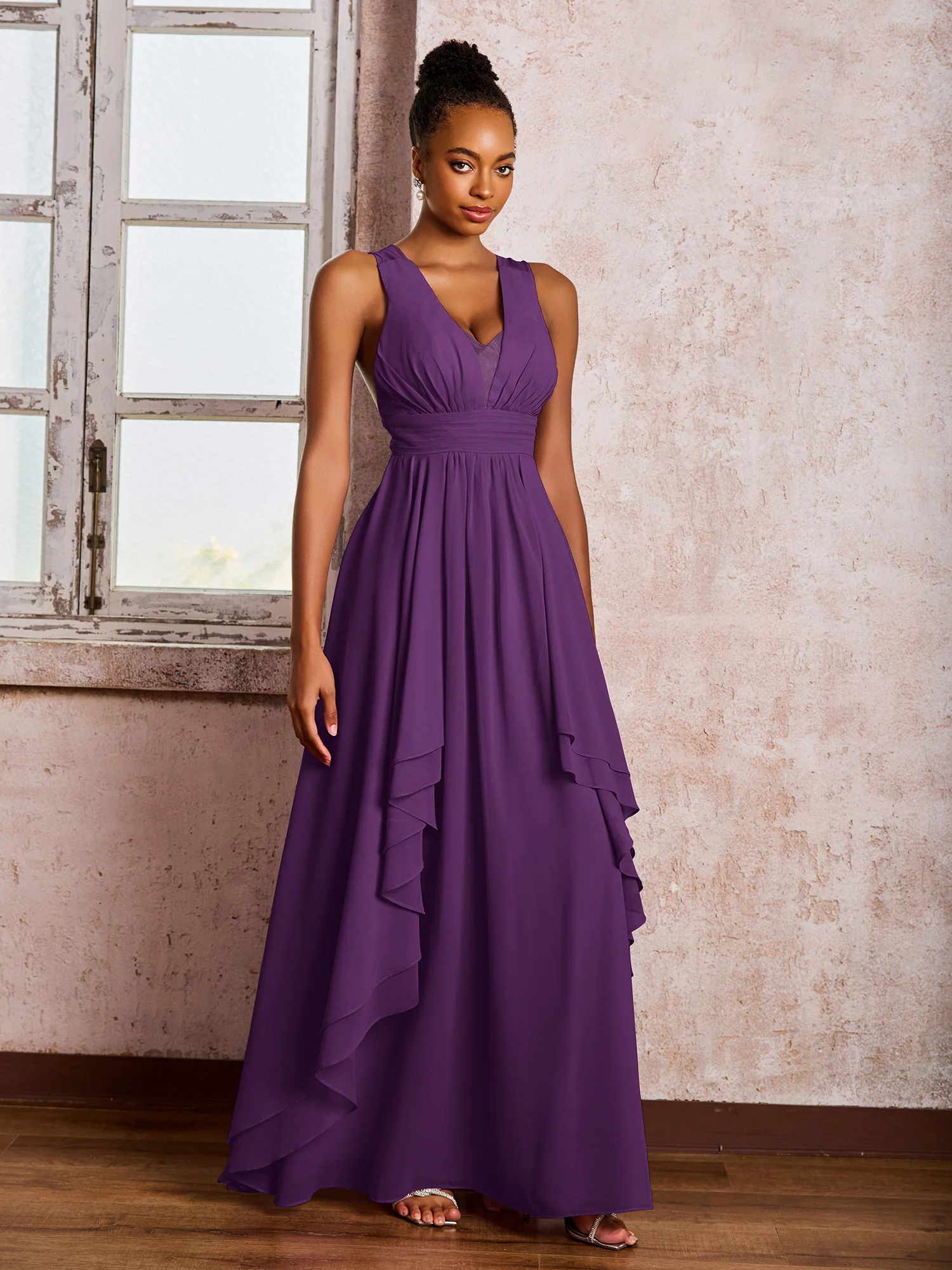 Plunging V-Neck Ruffle Open Back Dresses with Cascade Skirt Grape - Image 3