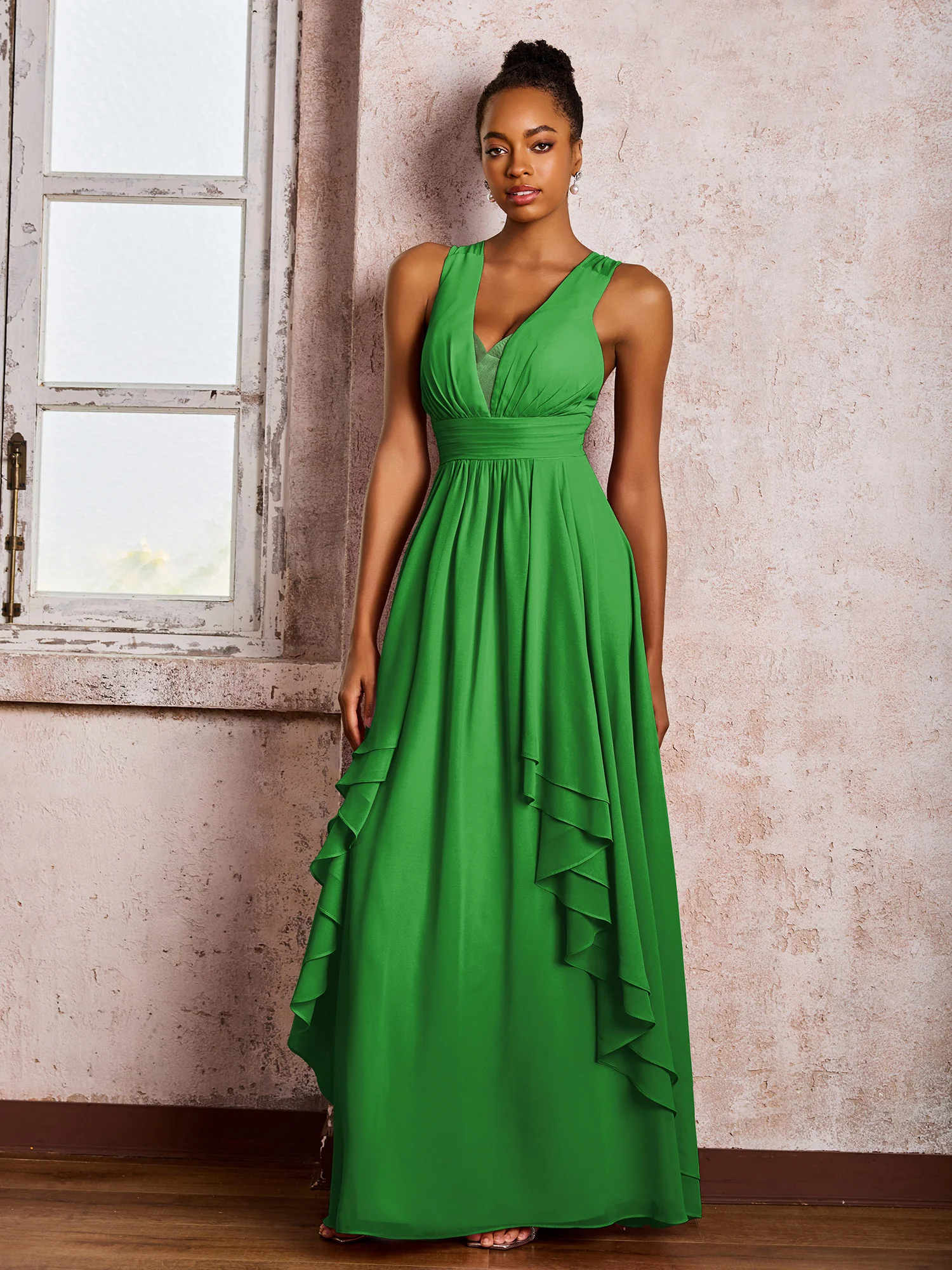 Plunging V-Neck Ruffle Open Back Dresses with Cascade Skirt Green