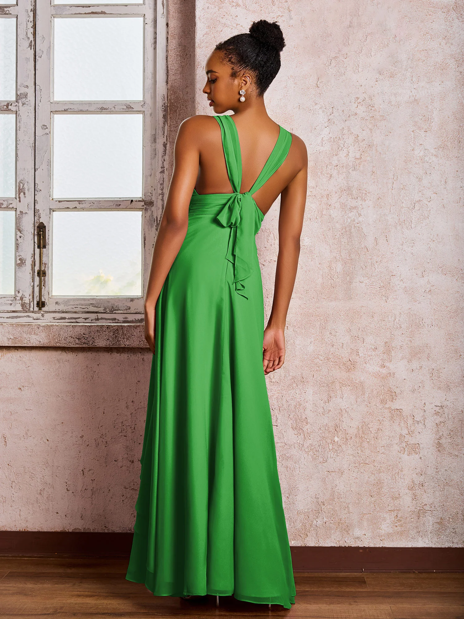 Plunging V-Neck Ruffle Open Back Dresses with Cascade Skirt Green - Image 2