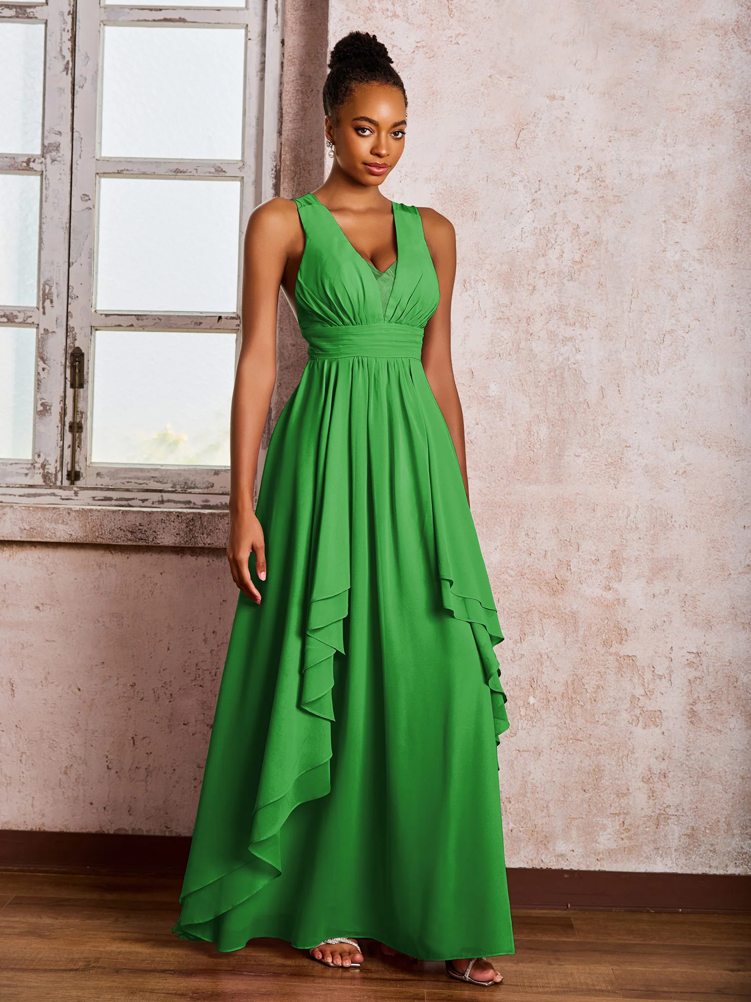 Plunging V-Neck Ruffle Open Back Dresses with Cascade Skirt Green - Image 3