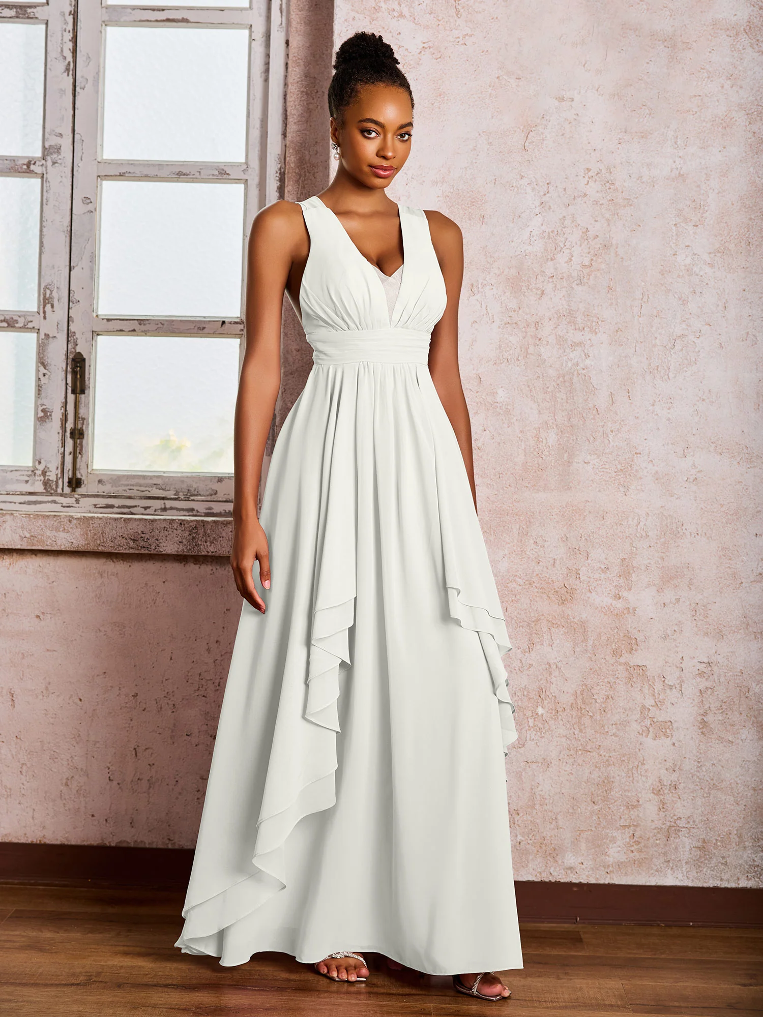 Plunging V-Neck Ruffle Open Back Dresses with Cascade Skirt Ivory - Image 3