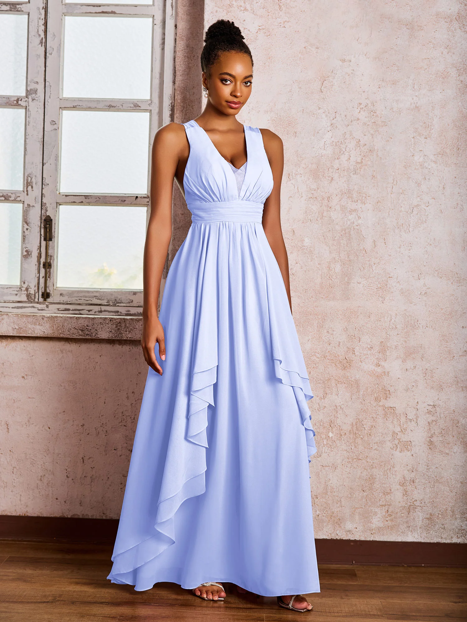 Plunging V-Neck Ruffle Open Back Dresses with Cascade Skirt Lavender - Image 3