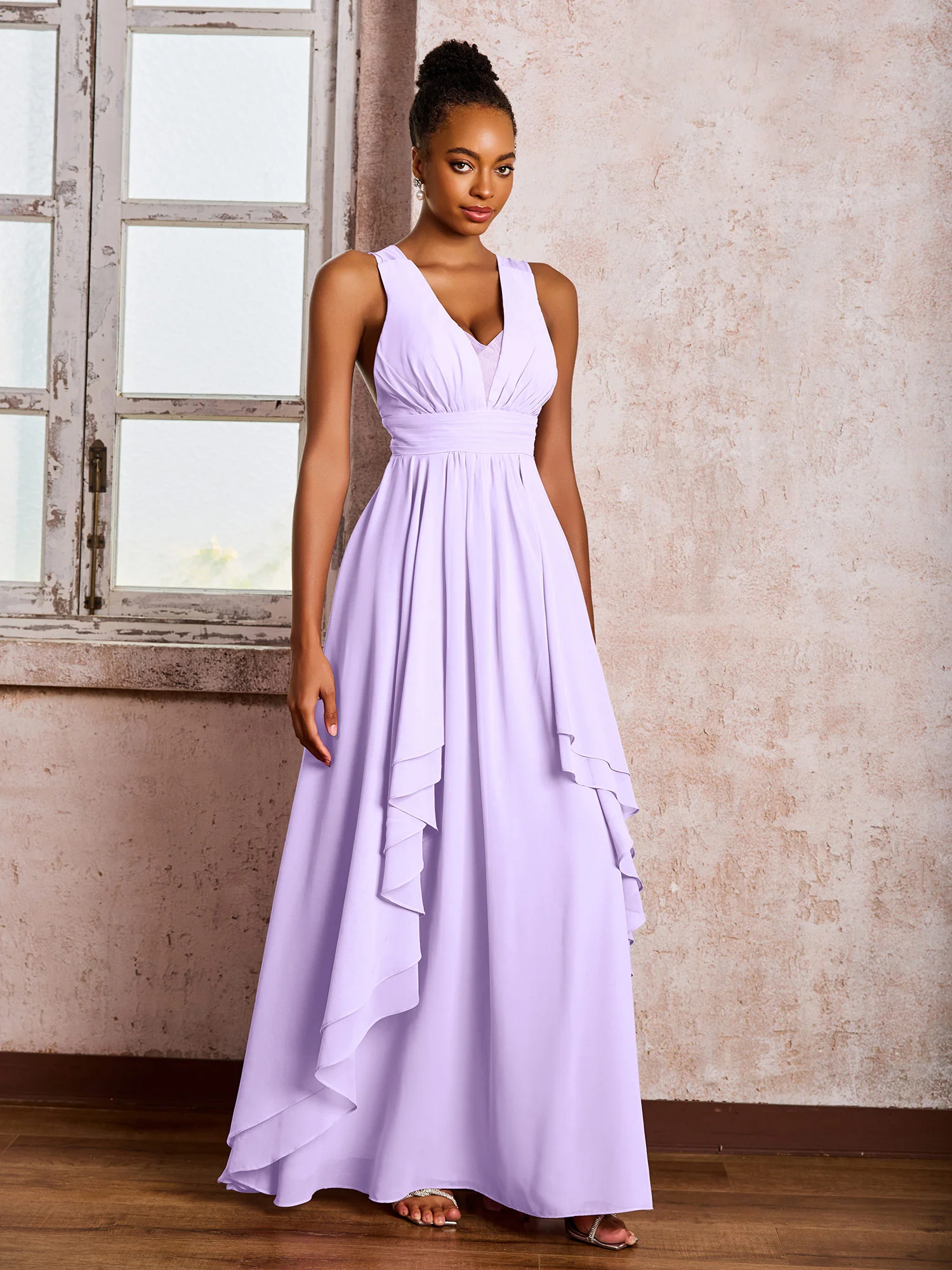 Plunging V-Neck Ruffle Open Back Dresses with Cascade Skirt Lilac - Image 3