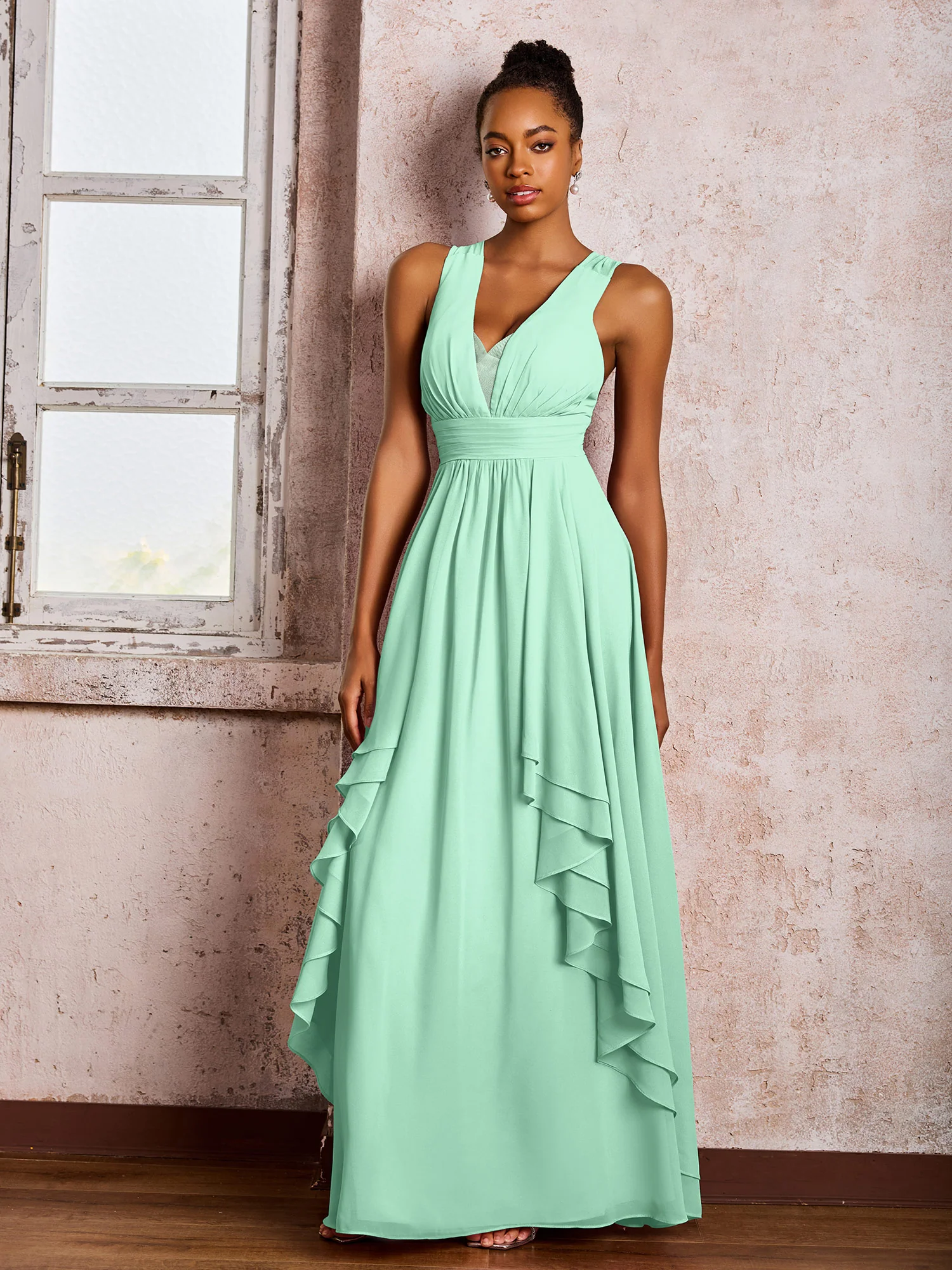 Plunging V-Neck Ruffle Open Back Dresses with Cascade Skirt Mint Green