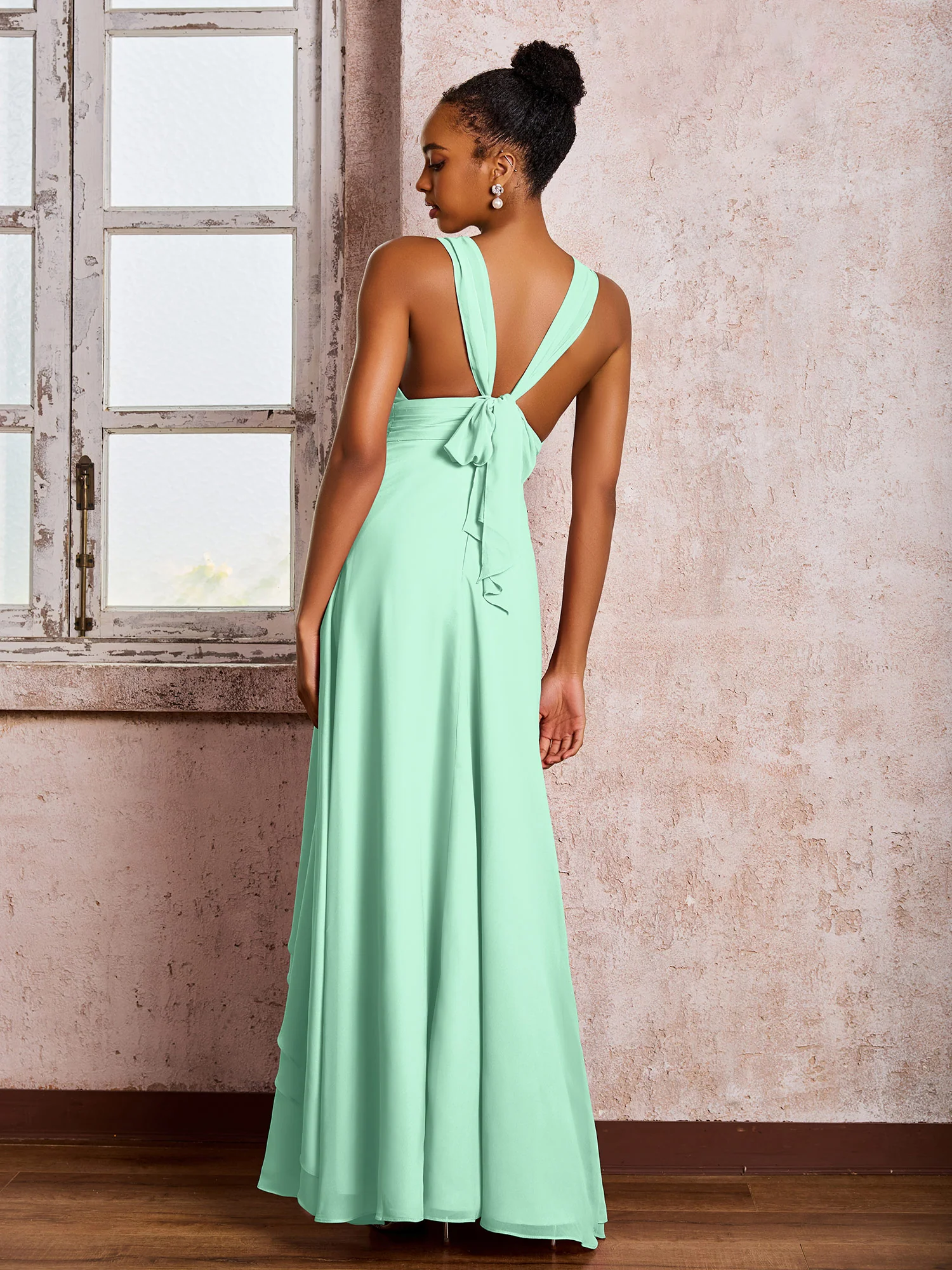 Plunging V-Neck Ruffle Open Back Dresses with Cascade Skirt Mint Green - Image 2