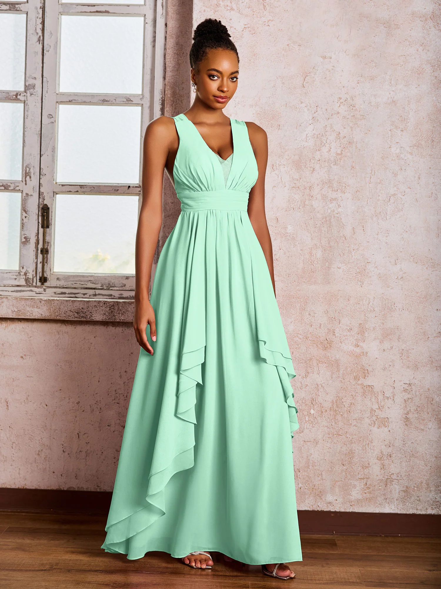 Plunging V-Neck Ruffle Open Back Dresses with Cascade Skirt Mint Green - Image 3