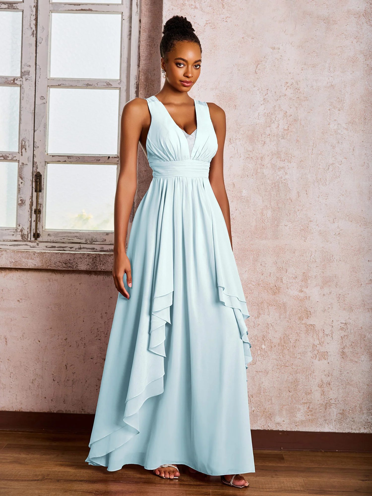 Plunging V-Neck Ruffle Open Back Dresses with Cascade Skirt Mist - Image 3