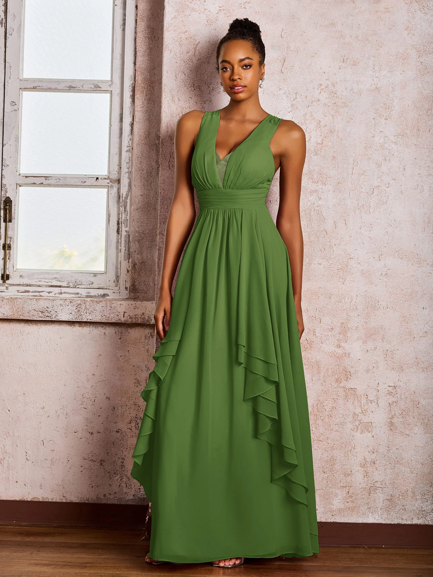 Plunging V-Neck Ruffle Open Back Dresses with Cascade Skirt Moss