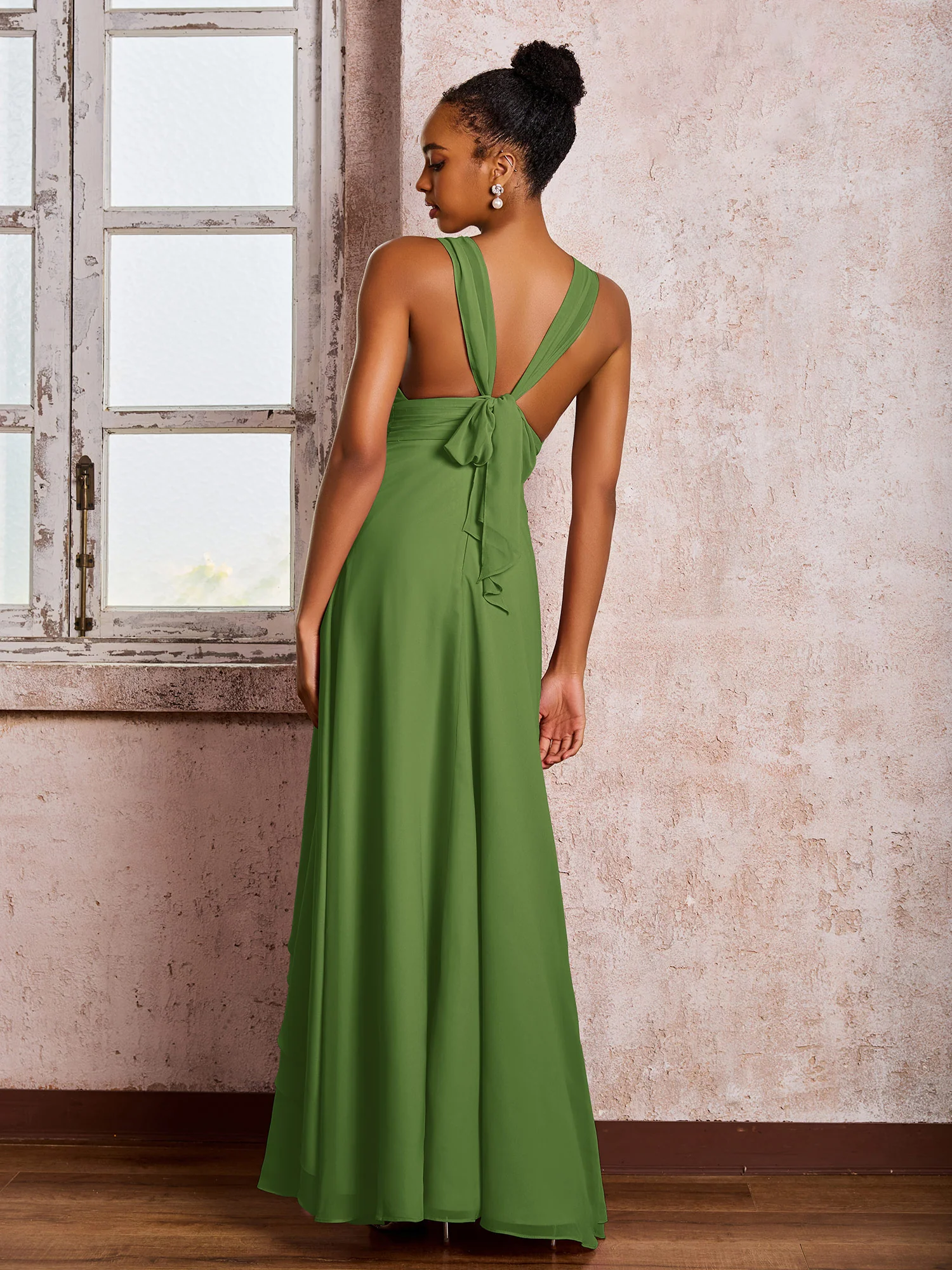 Plunging V-Neck Ruffle Open Back Dresses with Cascade Skirt Moss - Image 2