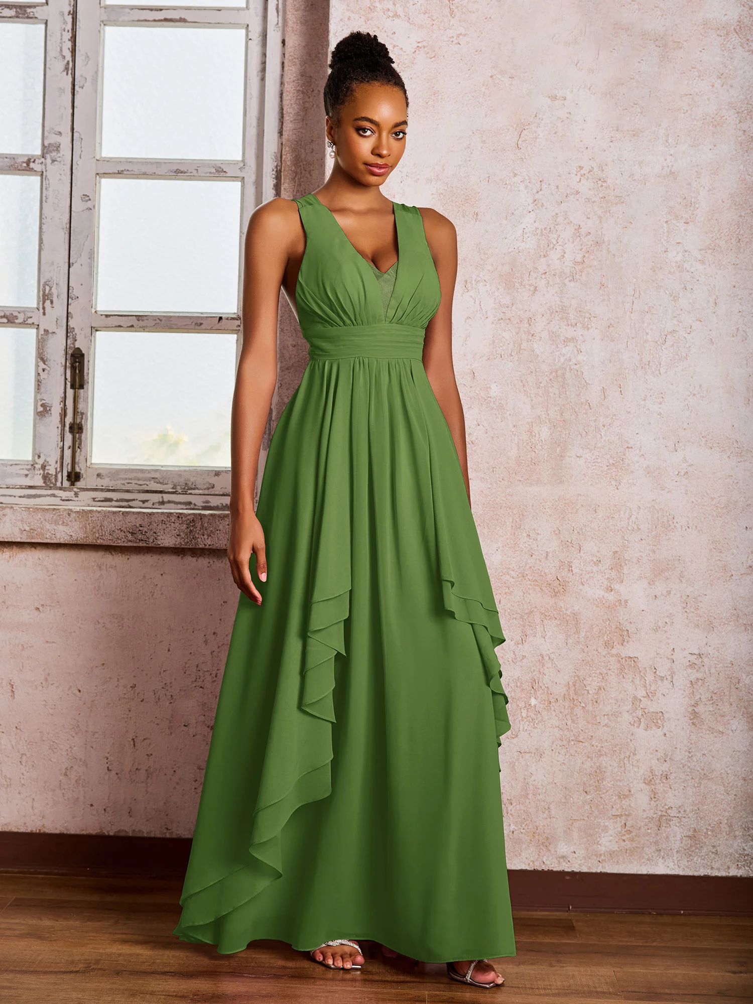 Plunging V-Neck Ruffle Open Back Dresses with Cascade Skirt Moss - Image 3
